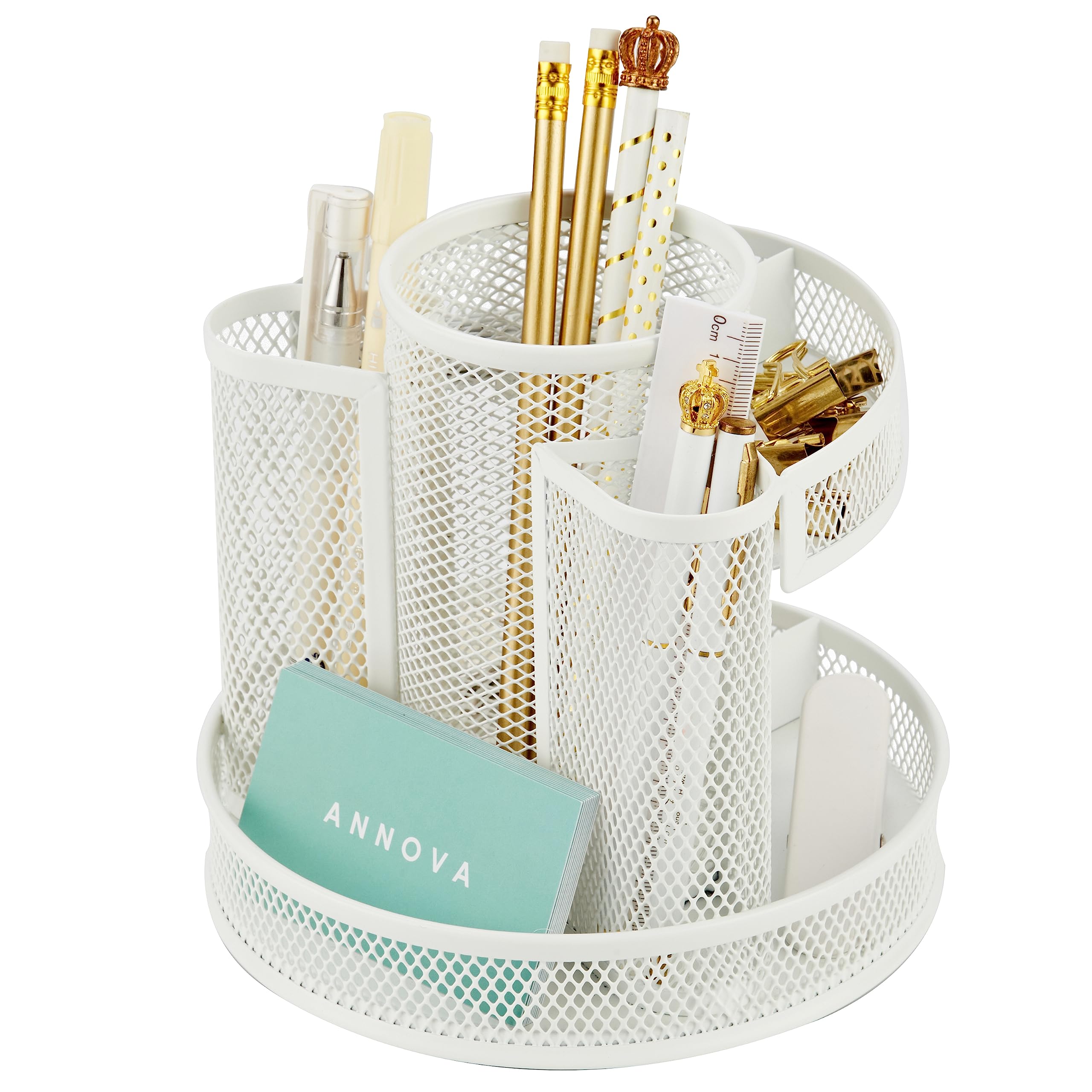 Annova Mesh Desk Organizer Rotate with 6 Compartments Round Spinning Tidy Candy/Pen Holder Desk Accessories Office, Art Supply, Storage, Classroom,