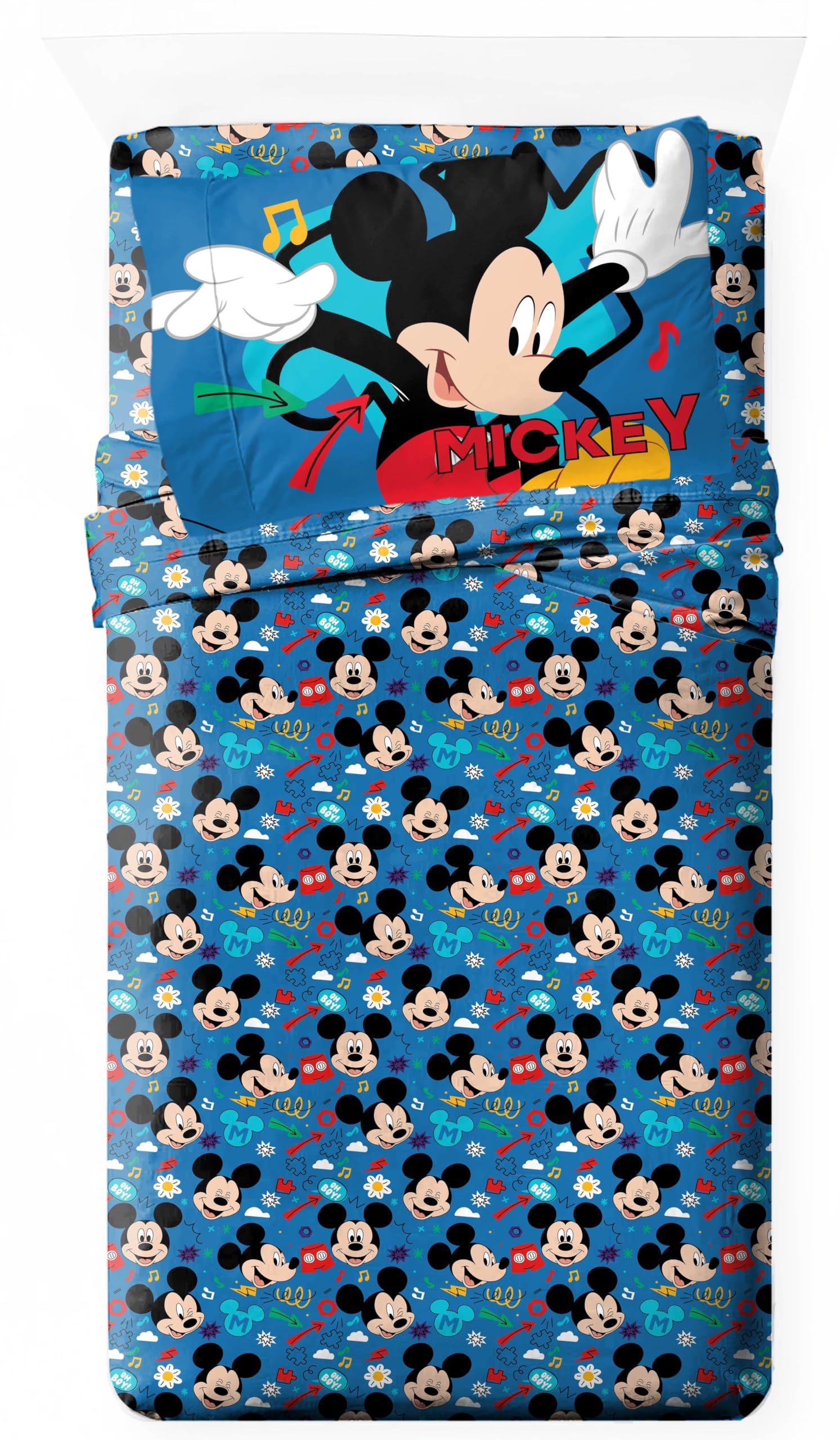 Jay Franco Kids Sheet Set with Fitted, Flat Sheets & Pillow Cover - Ultra-Soft Bedding with Pillowcase for Room Decor, Blue - Mickey Mouse, 3 Piece Twin