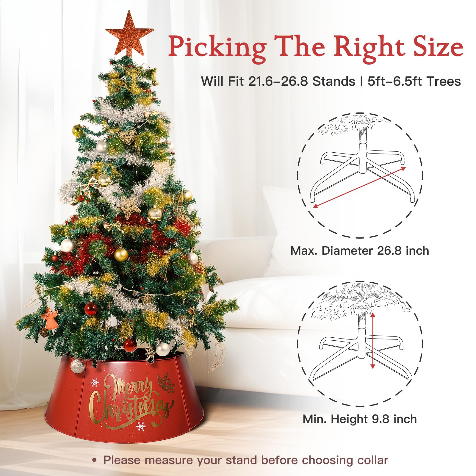 Putuo Decor Metal Christmas Tree Collar for Artifcial Trees, 27in Diameter Christmas Tree Basket Base Red, Christmas Themed Tree Stand Cover, Xmas Holiday Decoration Tree Collar for 6-7.5 Ft Tree