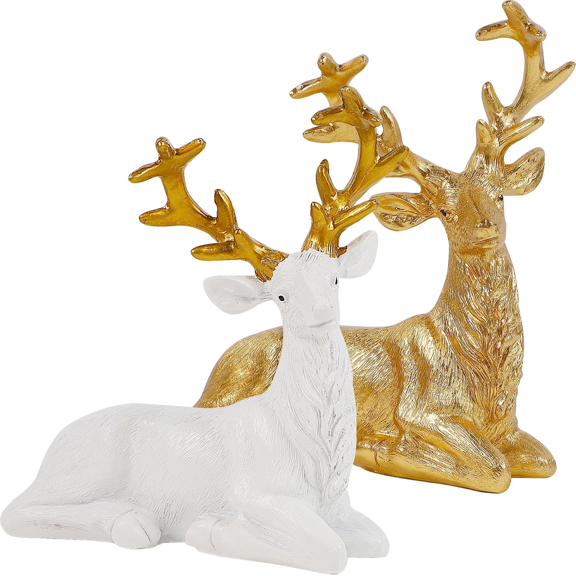 Lulu Home Christmas Tabletop Decorations, 2 Packs Resin Golden & White Reindeer Lying Figurines, Xmas Holiday Winter Centerpieces Ornaments for Mantel Shelf Office Home Decor