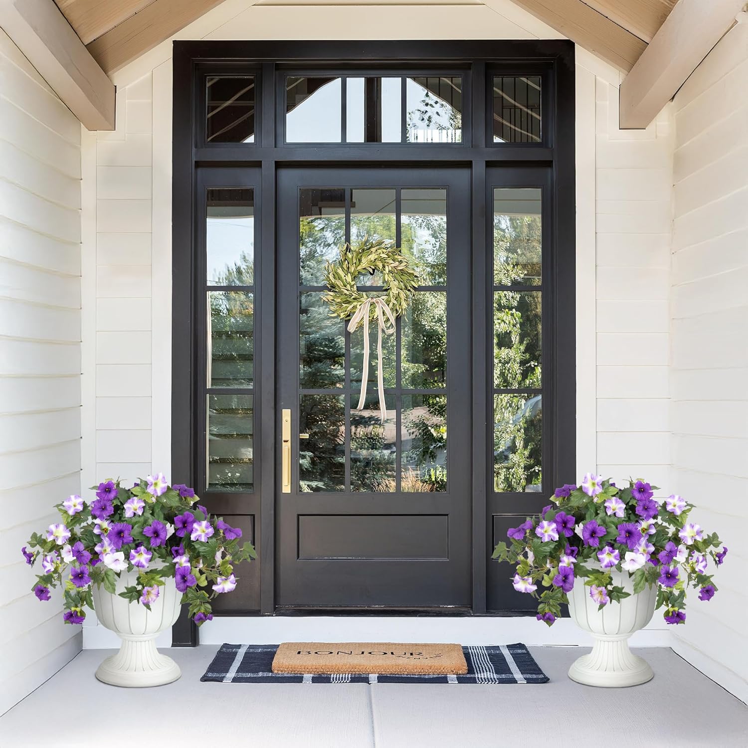 Artificial Fake Flowers Plants for Outdoor Decoration, 2PCS Faux Petunias Silk Flower UV Resistant No Fade for Home Outside Garden Balcony Yard Porch Realistic Indoor Decor (Purple White) - Image 5