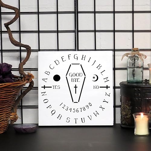 Miniatura 5 de Plantilla redonda Ouija Spirit Board de 12 x 12 pulgadas con ataúd y cruces