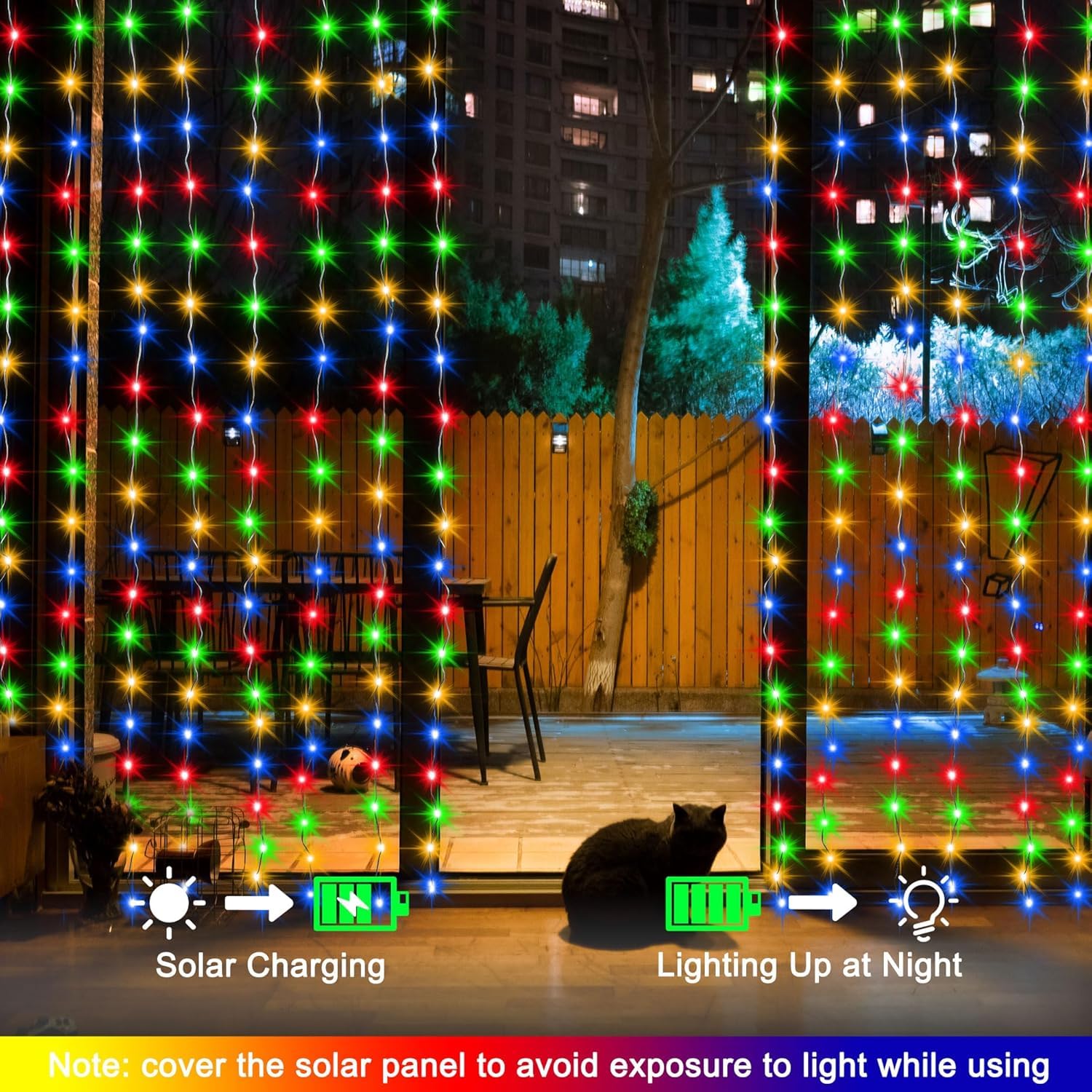 DBFAIRY Solar Curtain Lights 2.4M x 1.8M 144 LED Curtain Lights Outdoor Waterproof with Timer 8 Modes for Garden Patio Fence Gazebo Decor (Multicolour) - Image 3