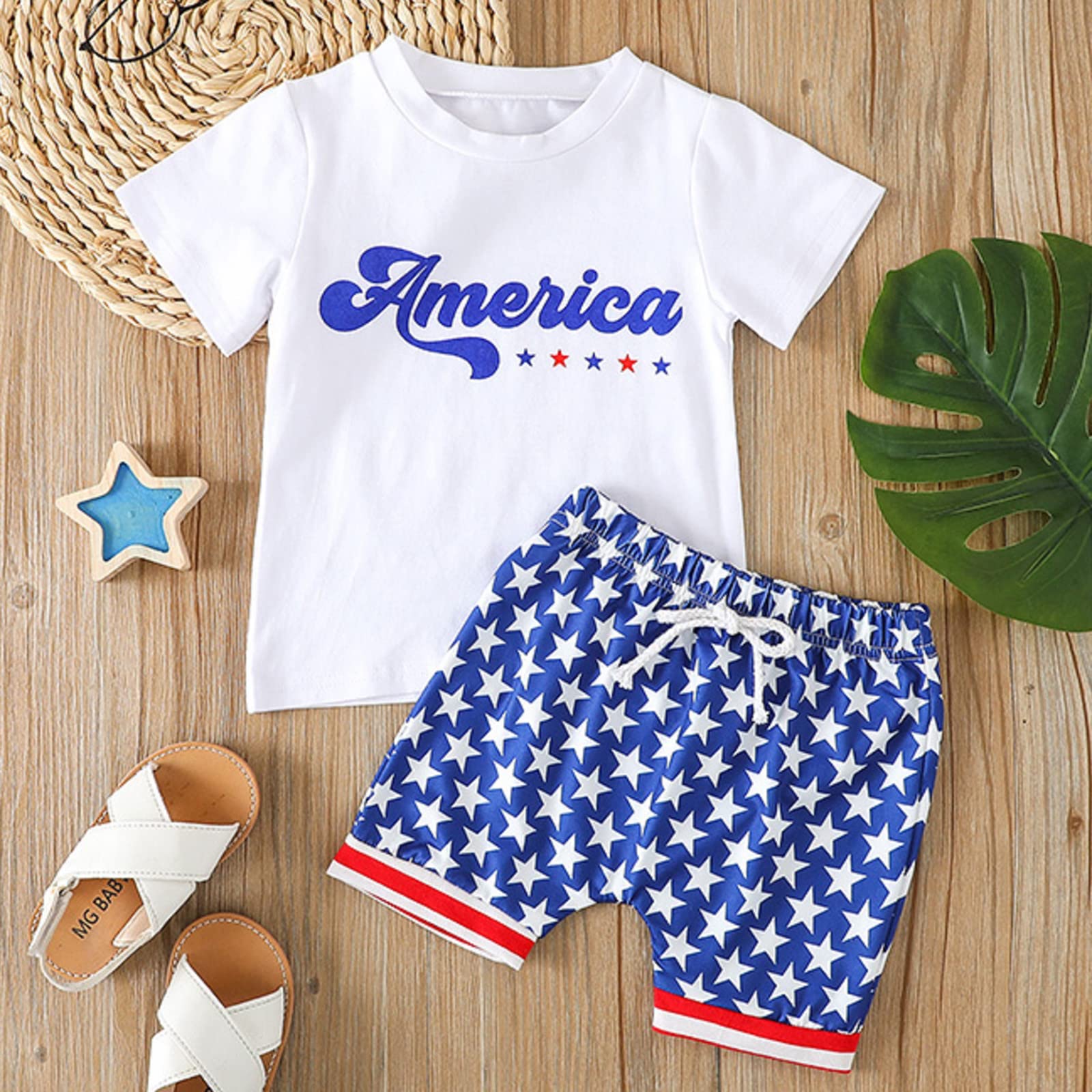 CHAUKAREAUL 4th Of July Baby Boy Outfit Short Sleeve USA Print T Shirt Spaghetti Strap Shorts Summer Casual Sets (White Star, 0-6 Months)