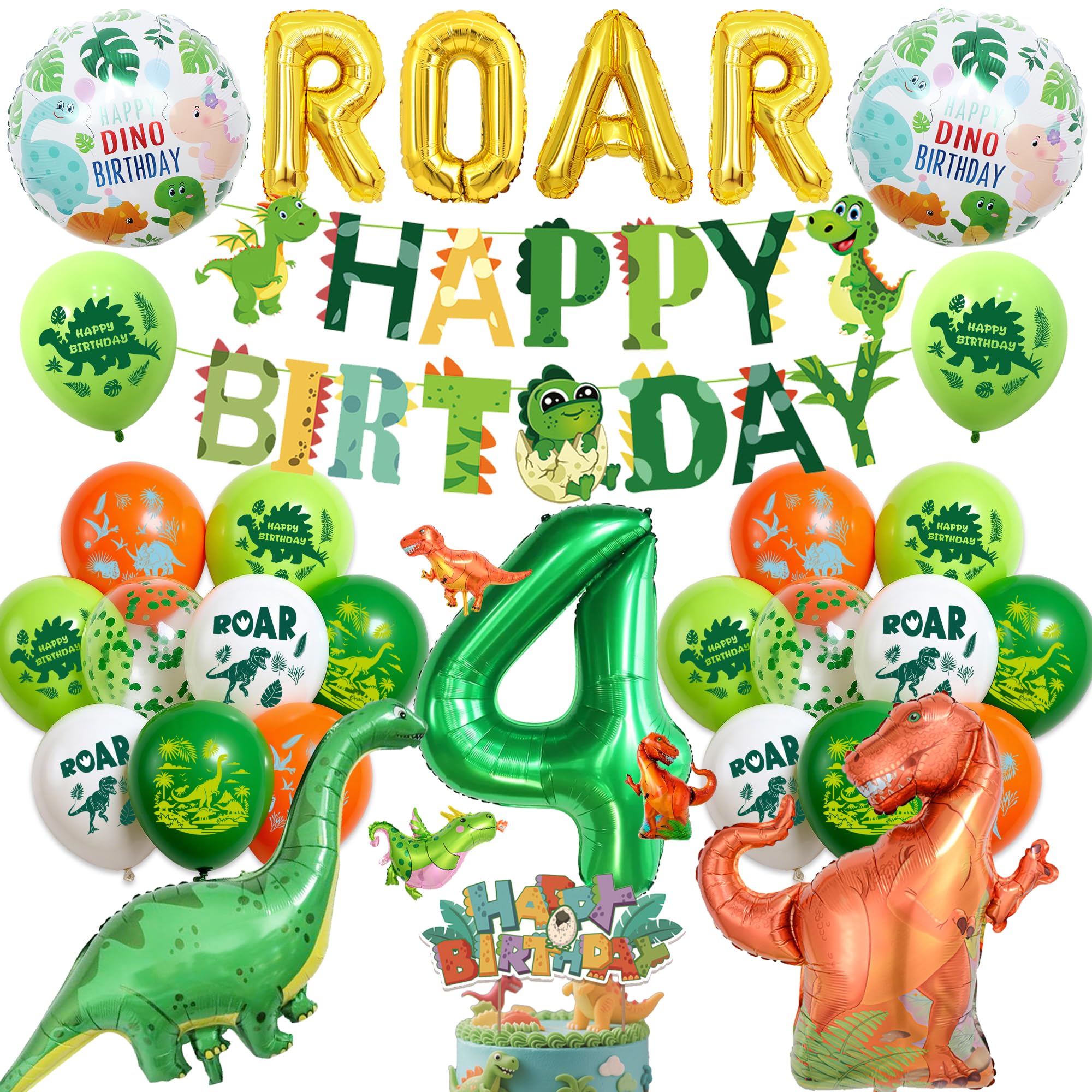 Dinosaur 4th Birthday Balloons for Boys - Dino Happy Birthday Banner and gold ROAR Letter Balloons, Large Dinosaur and Green Numbe 4 Foil Balloon Cake Topper for Kids 4 Years Old Jungle Party Decor