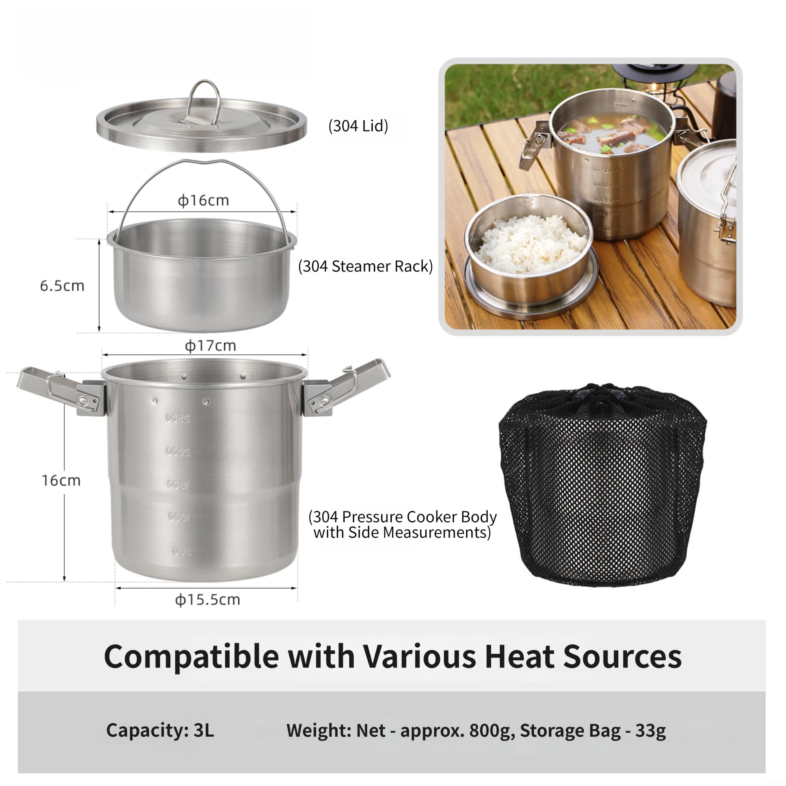 Cazuela para acero 304 para 3l para 2-3 Personas Outdoor Cazuela