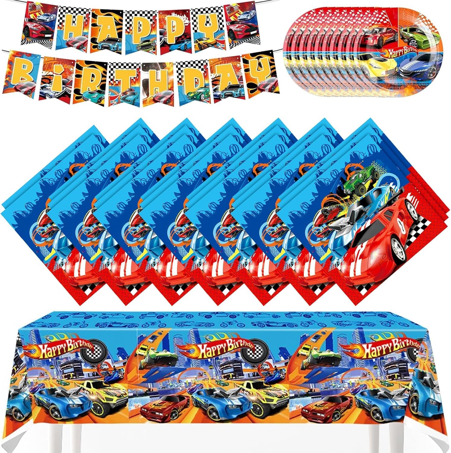 NALACAL 32PCS Hot Wheels Party Decorations Set, Racing Car Birthday Supplies for Kids with Banner, Tablecloth, Plates, and Napkins