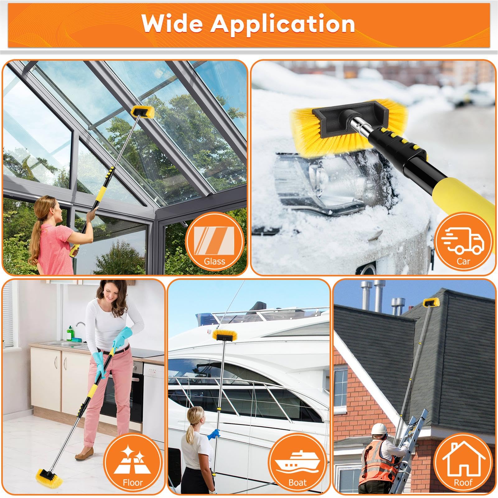 Cepillo de lavado de coche de 12 pies, cepillo de lavado de coche resistente con mango largo, poste de extensión multiusos de 3 a 12 pies con cepillo de cerdas ultra suaves de 10 pulgadas para