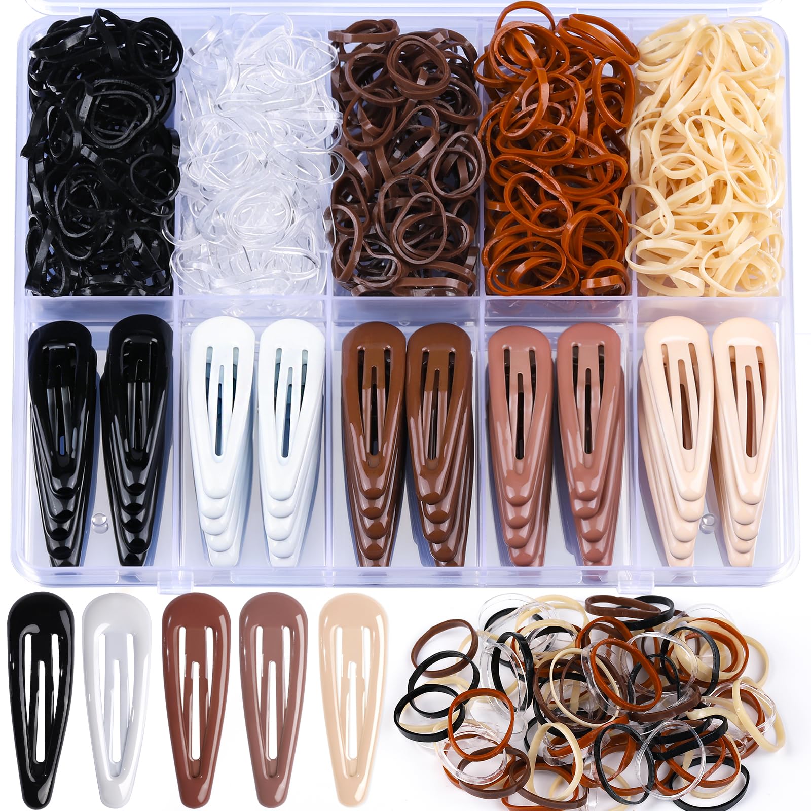 YGDZ 550 Pack Hair Barrettes Kit, 2 Inch Snap Hair Clips For Women 50 PCS, Elastic Rubber Bands for Hair 500 PCS, Metal Hair Clips, Hair Accessories for Women Girls, 5 Colors
