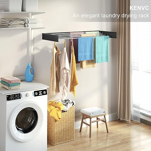 Miniatura 2 de Estante de secado montado en la pared, 31.5 pulgadas de ancho, 13.2 pies lineales, 5 varillas de aluminio, capacidad de 40 libras, estante de secado