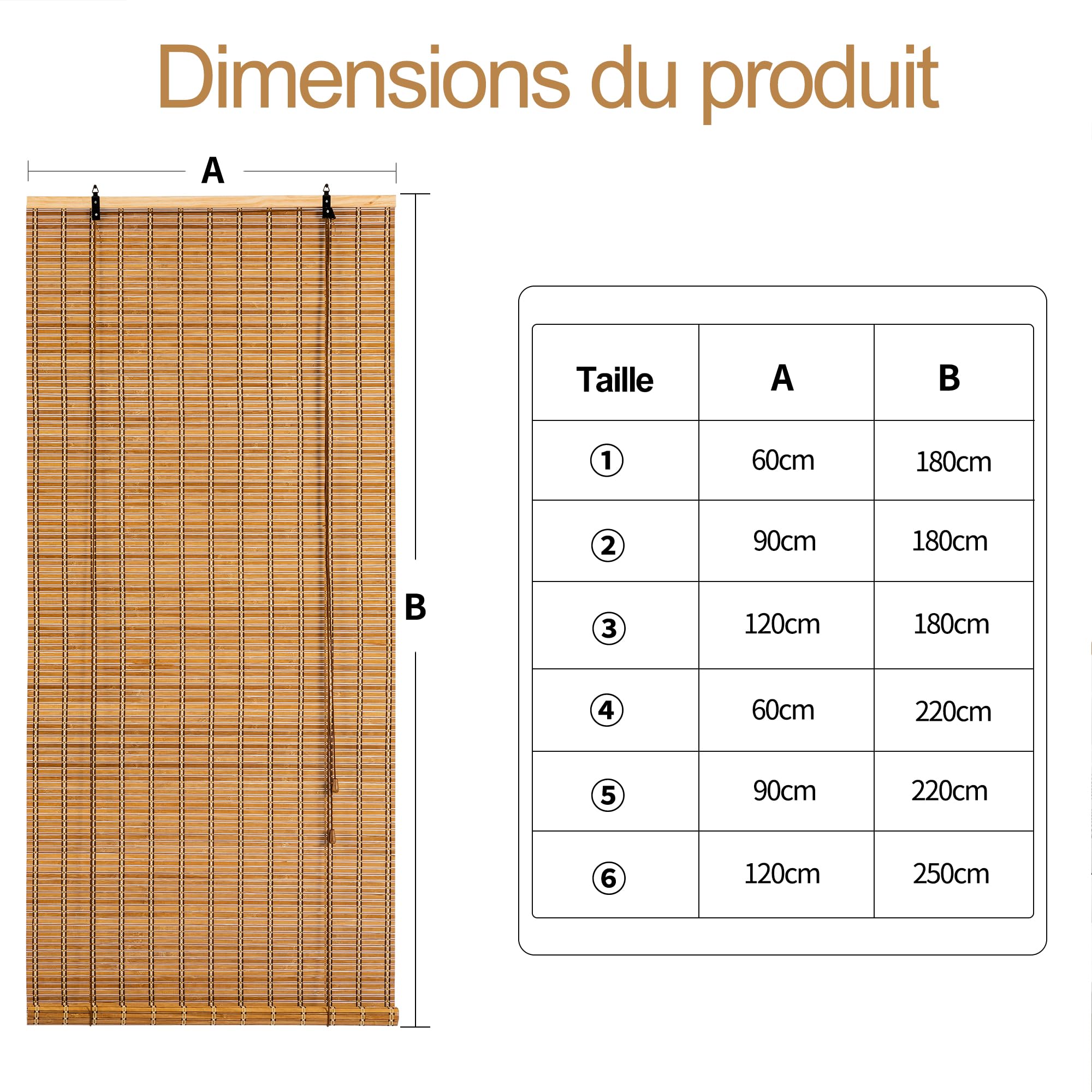 Store Occultant,Store Bambou Intérieur,Protection Solaire Protection visuelle Store à enroulement à tirage latéral pour Fenêtres et Portes,120x180 cm