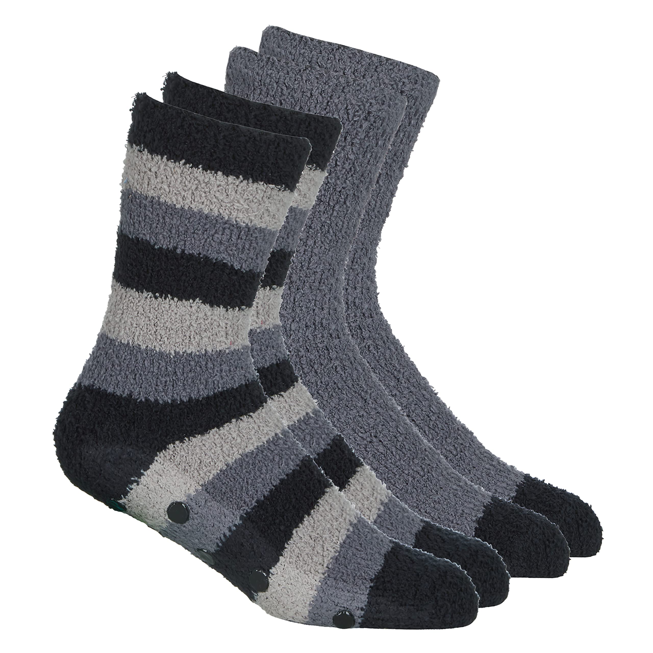 Metzuyan Men's Graphite 2 Pairs Fluffy Gripper Socks New Super Soft Non Slip Warm Thermal Bed Sock