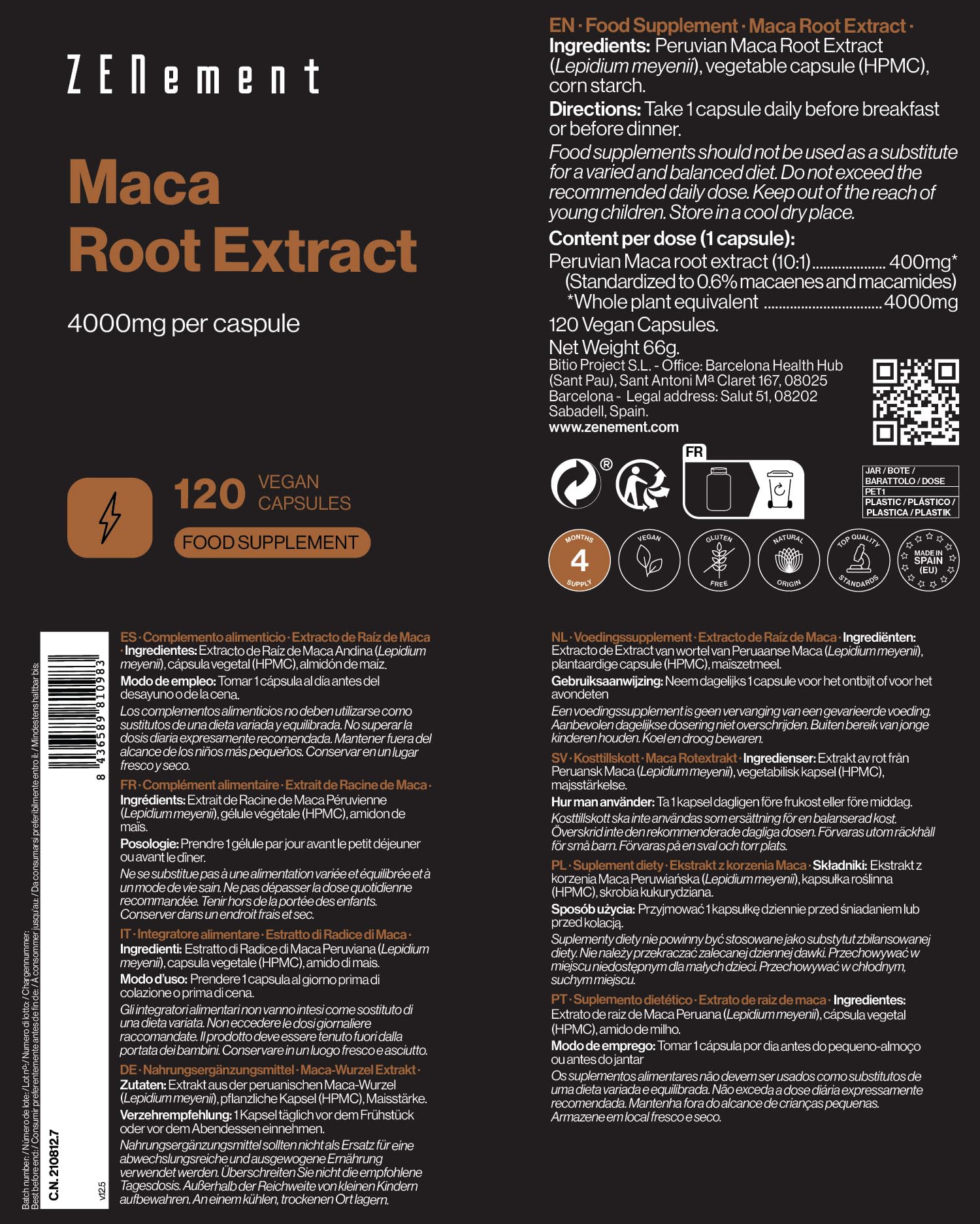 Maca Peruviana – Estratto di Radice standardizzato in Macaeni e Macamidi – 4000 mg di Pianta Intera per Capsula – Maca Donna e Uomo – 120 Capsule Vegane – Scorta per 4 Mesi – Zenement