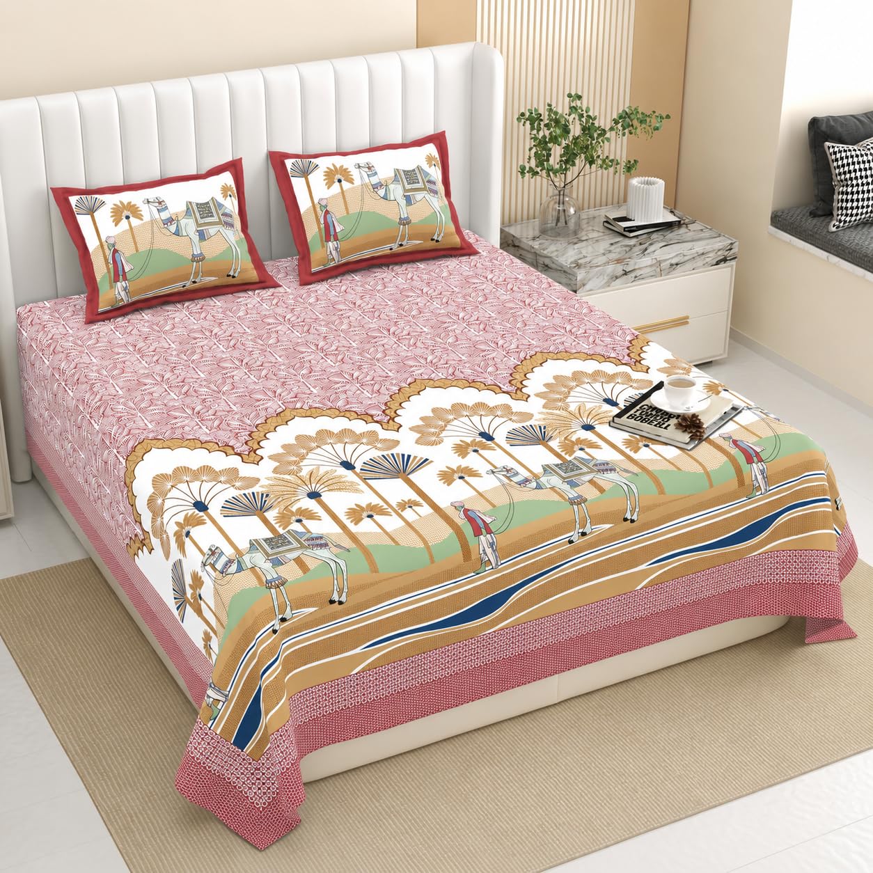100% Cotton Super King Size Bedsheet, 115 x 115 Inches, 300 TC, Double Bed with 2 Pillow Covers, Breathable & Super Soft, Rajasthani Sanganeri Jaipuri Printed Bed Sheet (Kesari Karavan)-image-29