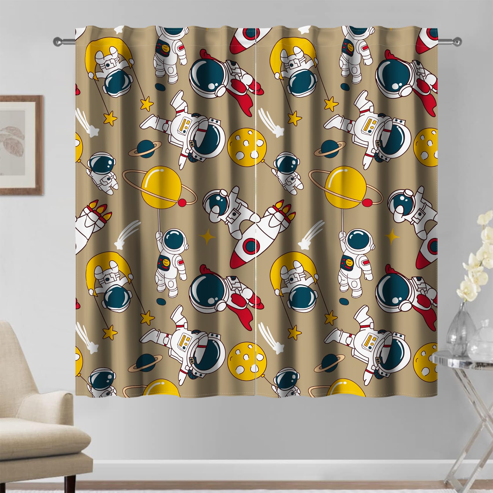 Kzzfqxb 117x229cm Kids Curtains 2 Panels, Brown Spacemen Exploring Universe Rocket Astronauts Window Drapes - Image 2