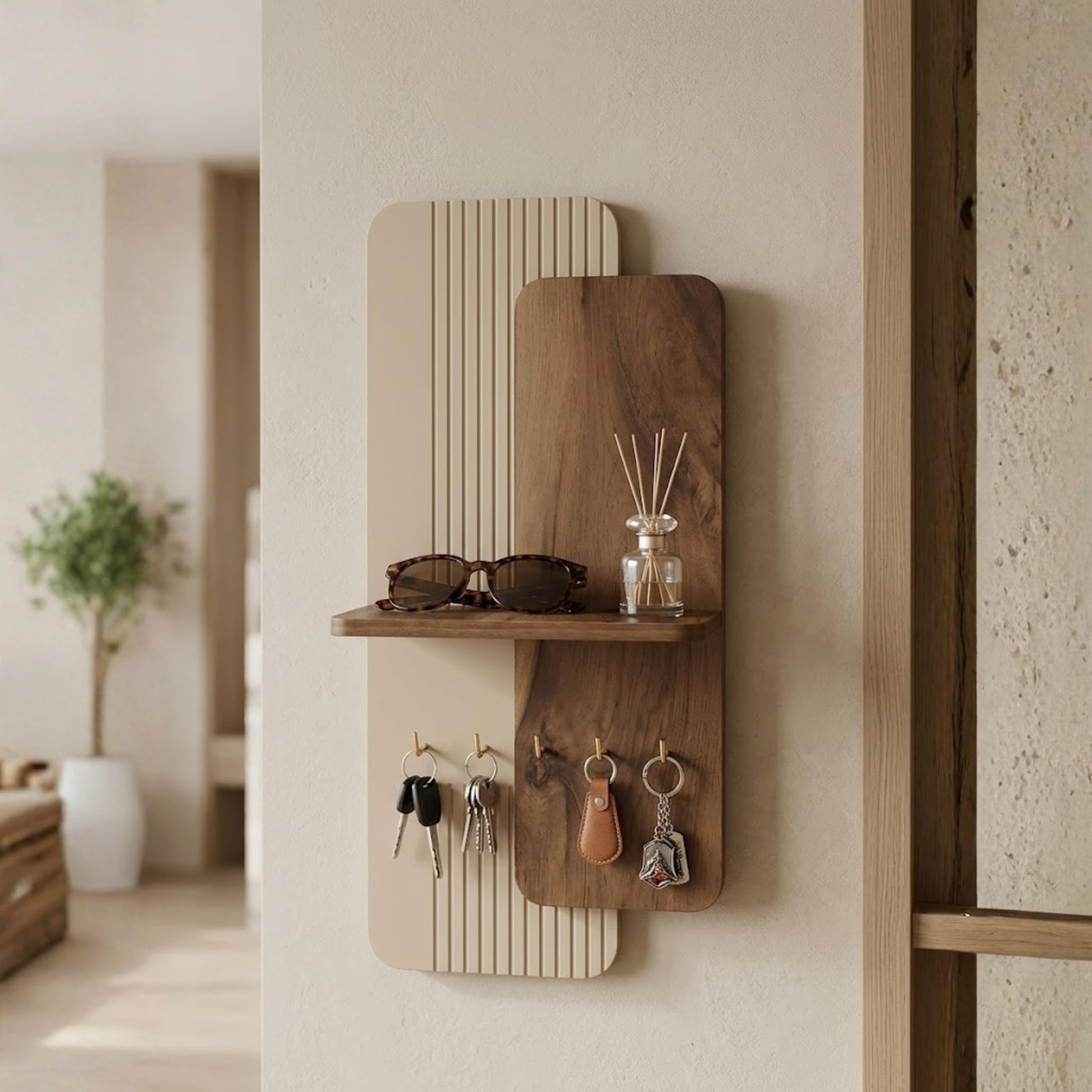 Home Sparkle Wall Mounted Key Holder for Home Entrance with Shelf | Premium MDF Wood Organizer with Paint Finish | Modern Key Hanger Rack with 5 Hooks for Keys & Daily Essentials |Walnut & Ivory White-image-9