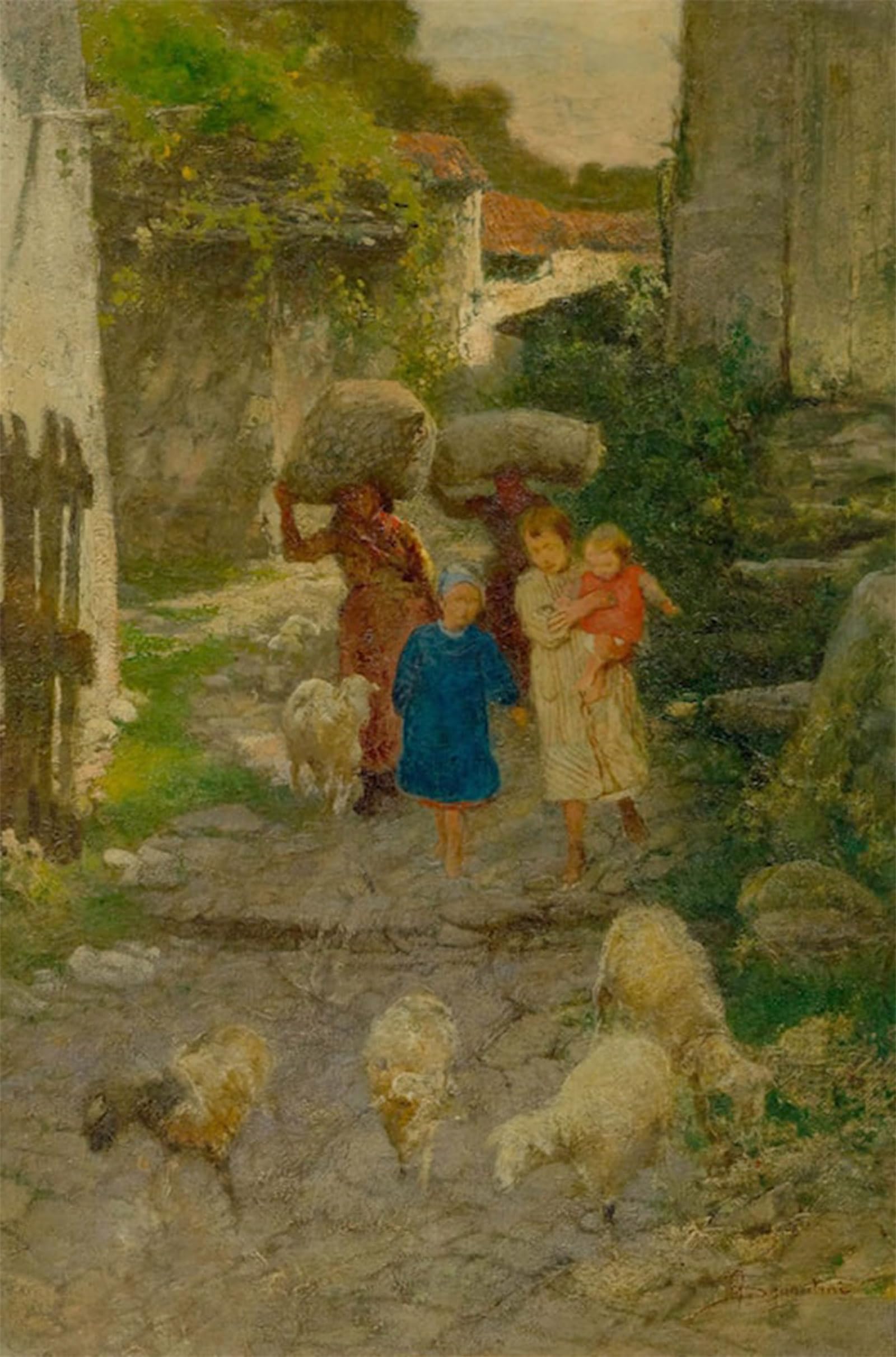 SERENDIPITP Vintage Wall Art Canvas Nordic Poster Canvas Print Picture Village Street with Women Children and Sheep by Segantini Wall Art Poster for Home Decor 60x90cm