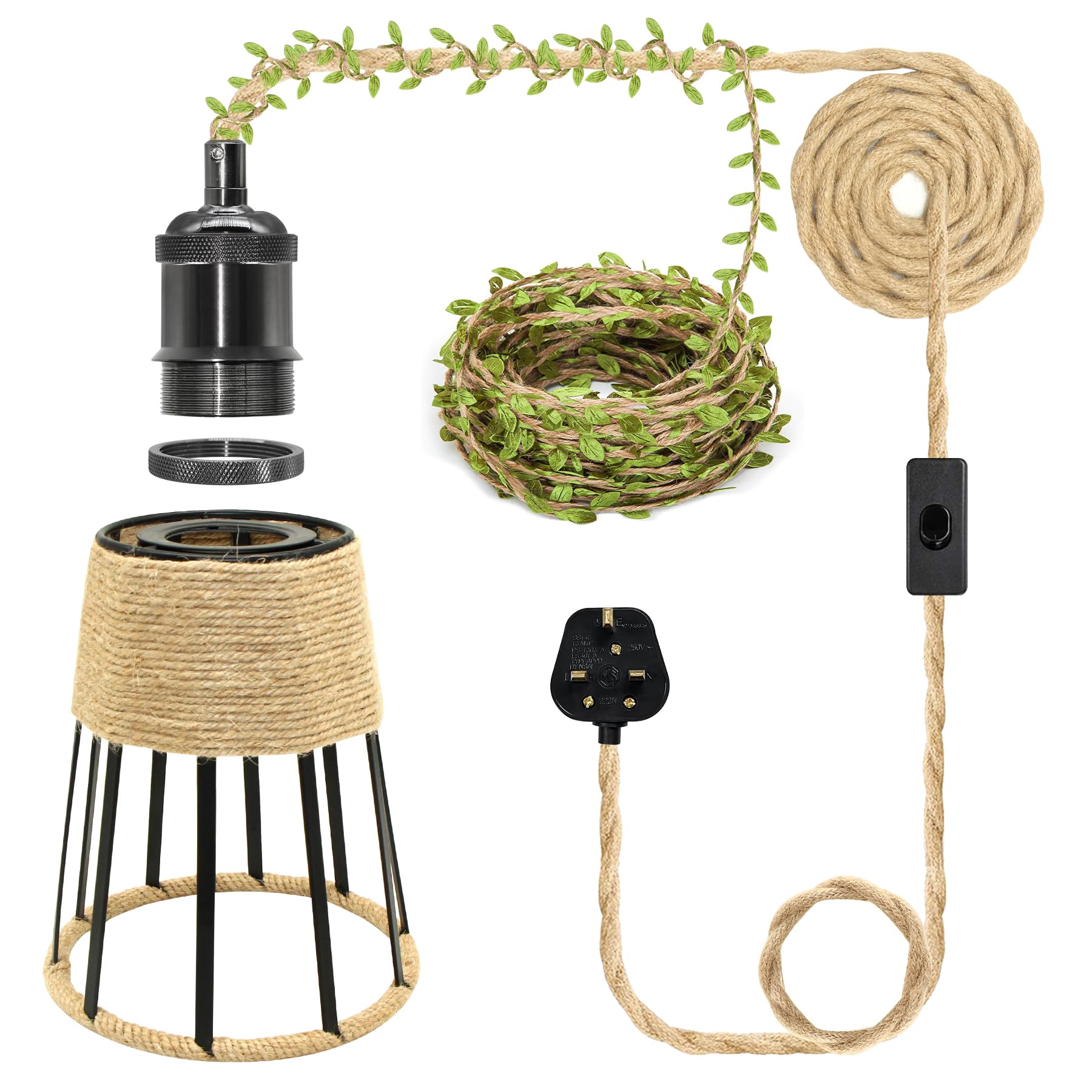 ZRLXFM E27 Hemp Rope Pendant Light Kit, Metal Lamp Holder with Switch and Plug, Black Horn Hanging Lighting Fixture, 510CM Retro Hemp Rope Light Cord, with 5M Green Leaf Decoration