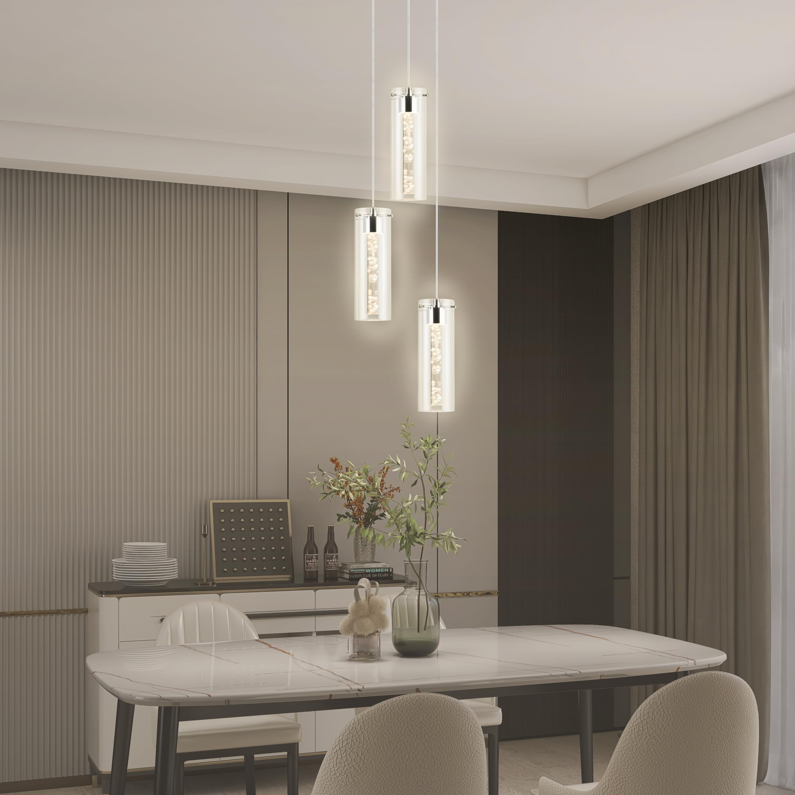 modern pendant light for kitchen island, led pendant lighting fixture with crystal and adjustable height, 3-light pendant lights for dining room living room bedroom