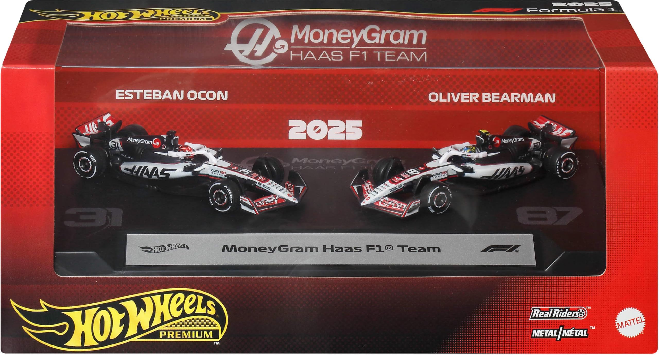Hot Wheels Premium Formula 1 Toy Cars, 2 1:64 Scale Die-Cast MoneyGram Haas F1 Team Esteban Ocon & Oliver Bearman Racecars with Real Riders Tires, JMM97