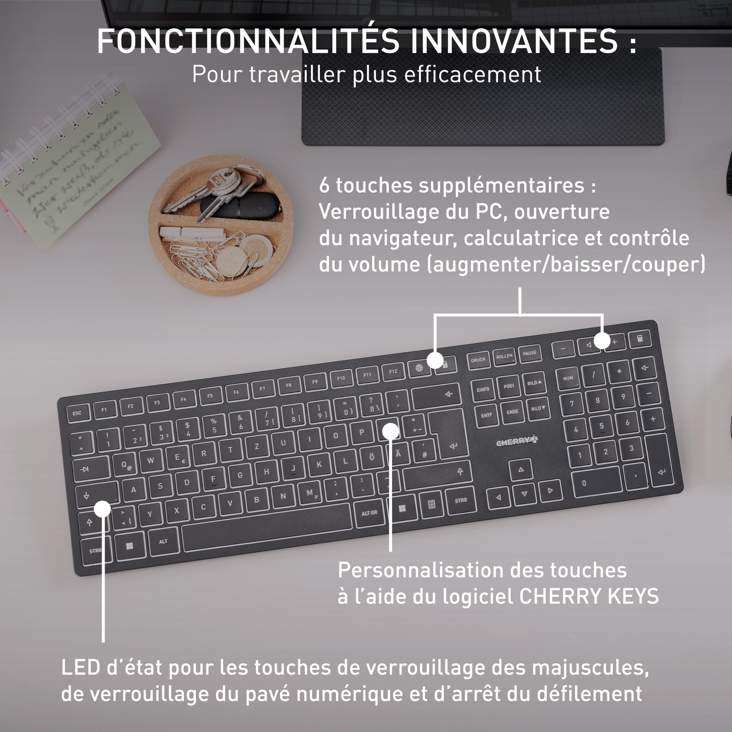 CHERRY KW 9100 SLIM, clavier au design sans fil, Disposition suisse (QWERTZ), Connexion au choix Bluetooth ou radio 2,4 GHz, Touches plates, Rechargeable, Gris anthracite