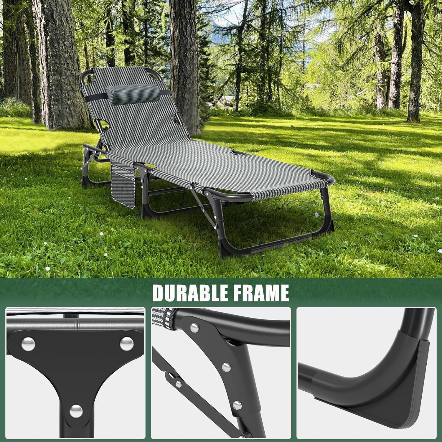 LILYPELLE Folding Outside Chaise Lounge Chair with Mattress, 5 Position Adjustable Patio Folding Lounge Chair Reclining Chairs Perfect for Sunbathing, Camping, Pool, Beach, Patio