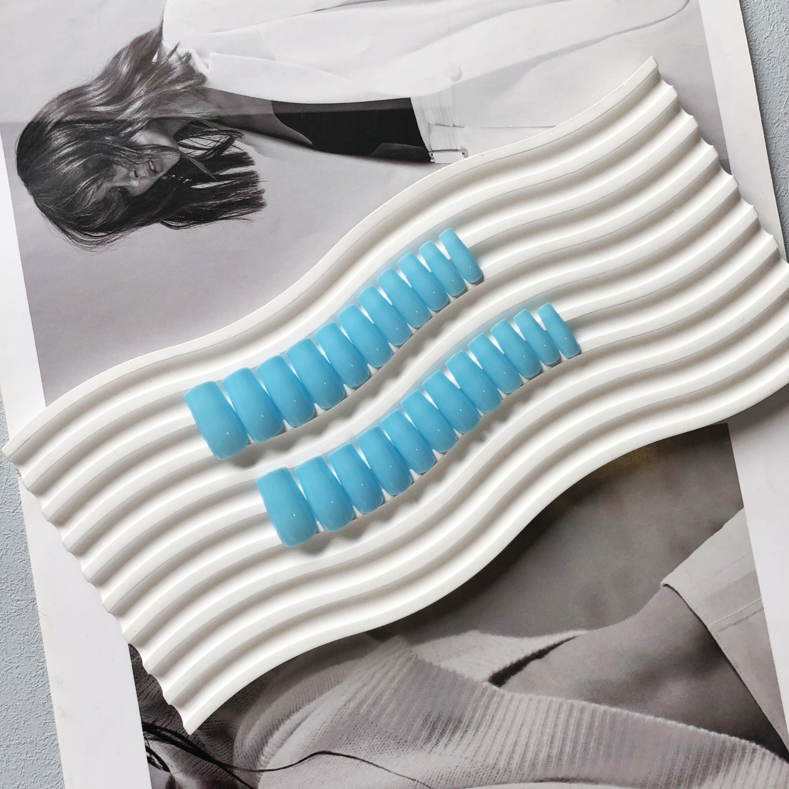 SXVME Baby Blue Press on Nails Long Square, Light Blue False Nails Medium Coffin, Glossy Gel Fake Nails Press on - Image 4