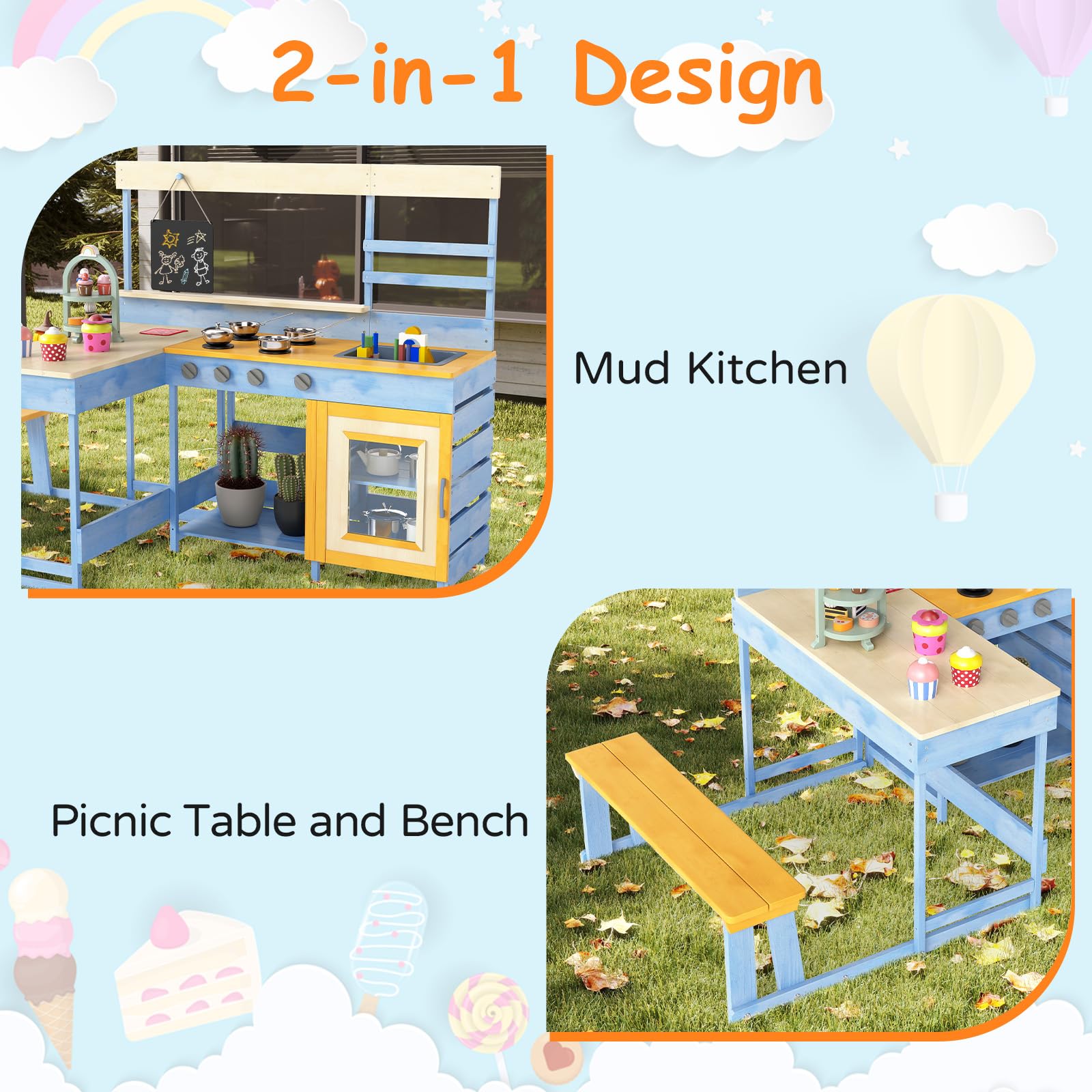 FANTASK Tannenholz Kinderküche, Matschküche mit Picknicktisch & Bank, Dessertzubehör Küchengeschirr Tafel, Outdoor Spielküche Küche für Kinder ab 3 Jahren (Hellblau)