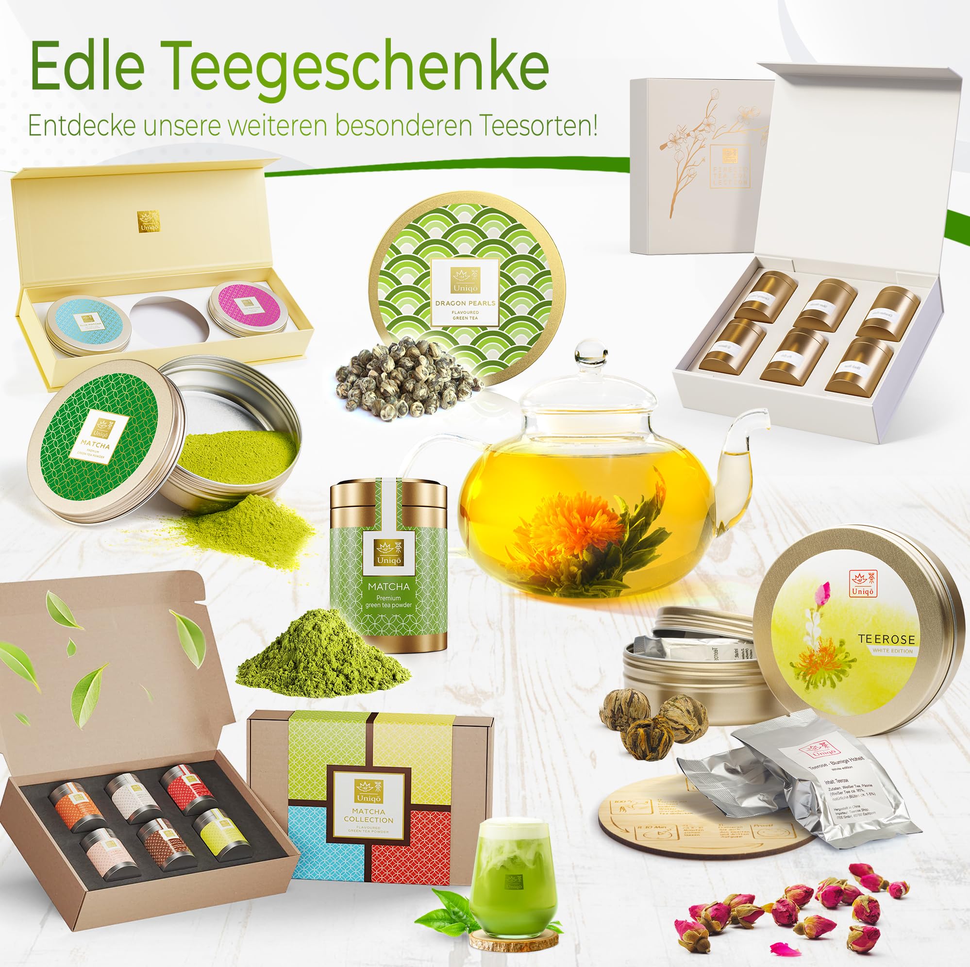 Tea Uniqo - Matcha Pulver Set mit Pink, Vanille und Pure Matcha | Tee Geschenkset mit Drachenfruchtpulver und Matcha Latte Pulver