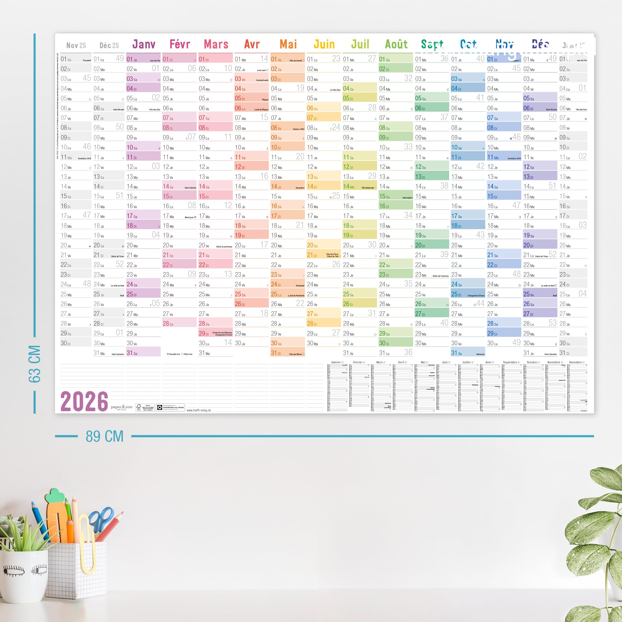 Häfft® Calendrier mural 2025 « arc-en-ciel », en français, format A3 (42 x 29,7 cm) plié, planificateur mural avec jours fériés français calendrier A4 supplémentaire, durable et respectueux du
