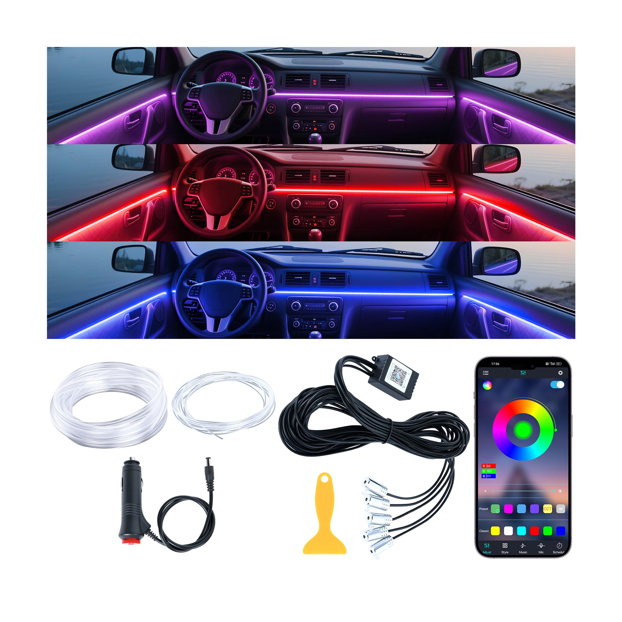 Interior Car LED Lights Wireless APP Control 5 in 1 RGB Ambient Lighting Kit with 236" Fiber Optic, 16 Million Colors Music Sync Waterproof LED Strip Lights for Cars Trucks SUVs Auto Interior Decor