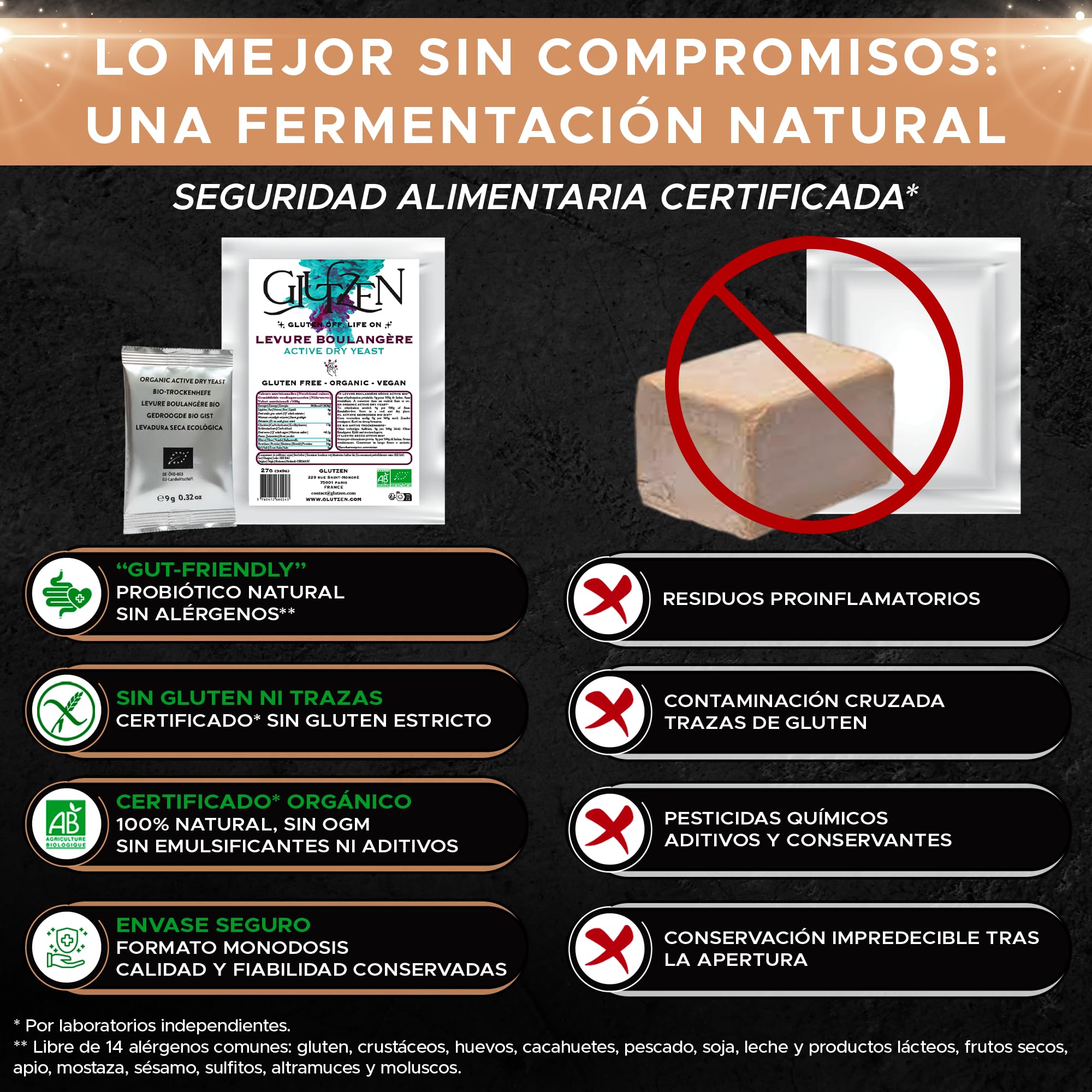 Levadura Seca Instantánea Sin Gluten Bio GLUTZEN 6x9g Activa para Pan y Pizza