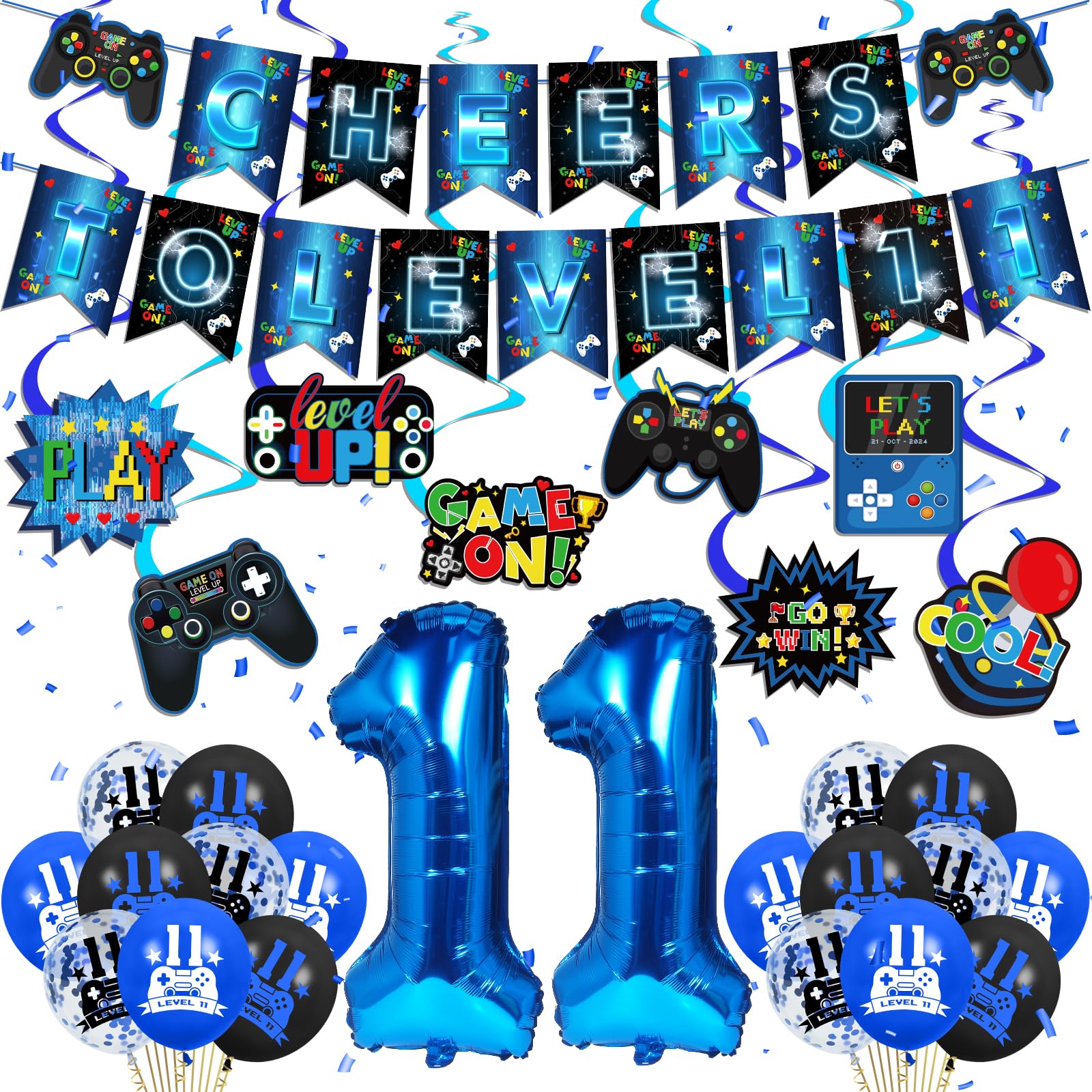 Video Game 11th Birthday Party Decorations for Kids Blue and Black Cheers to Level 11 Banner Hanging Swirls Level Up 11 Balloons Kit for Boys Girls 11