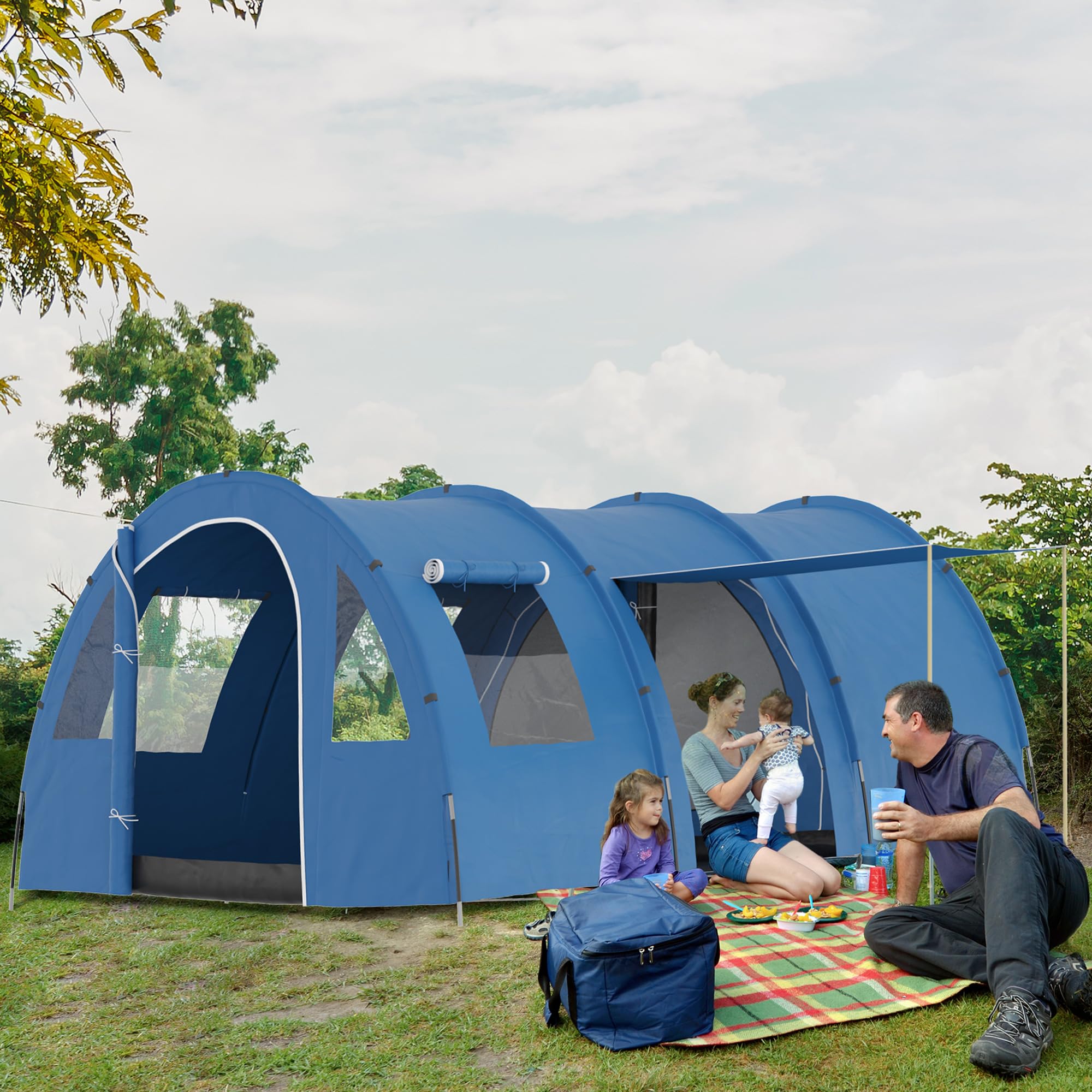 Outsunny Campingzelt für 5-6 Personen mit 2 Türen, Fenstern und Staufächern, 475x315x215 cm, blau Sport & Freizeit