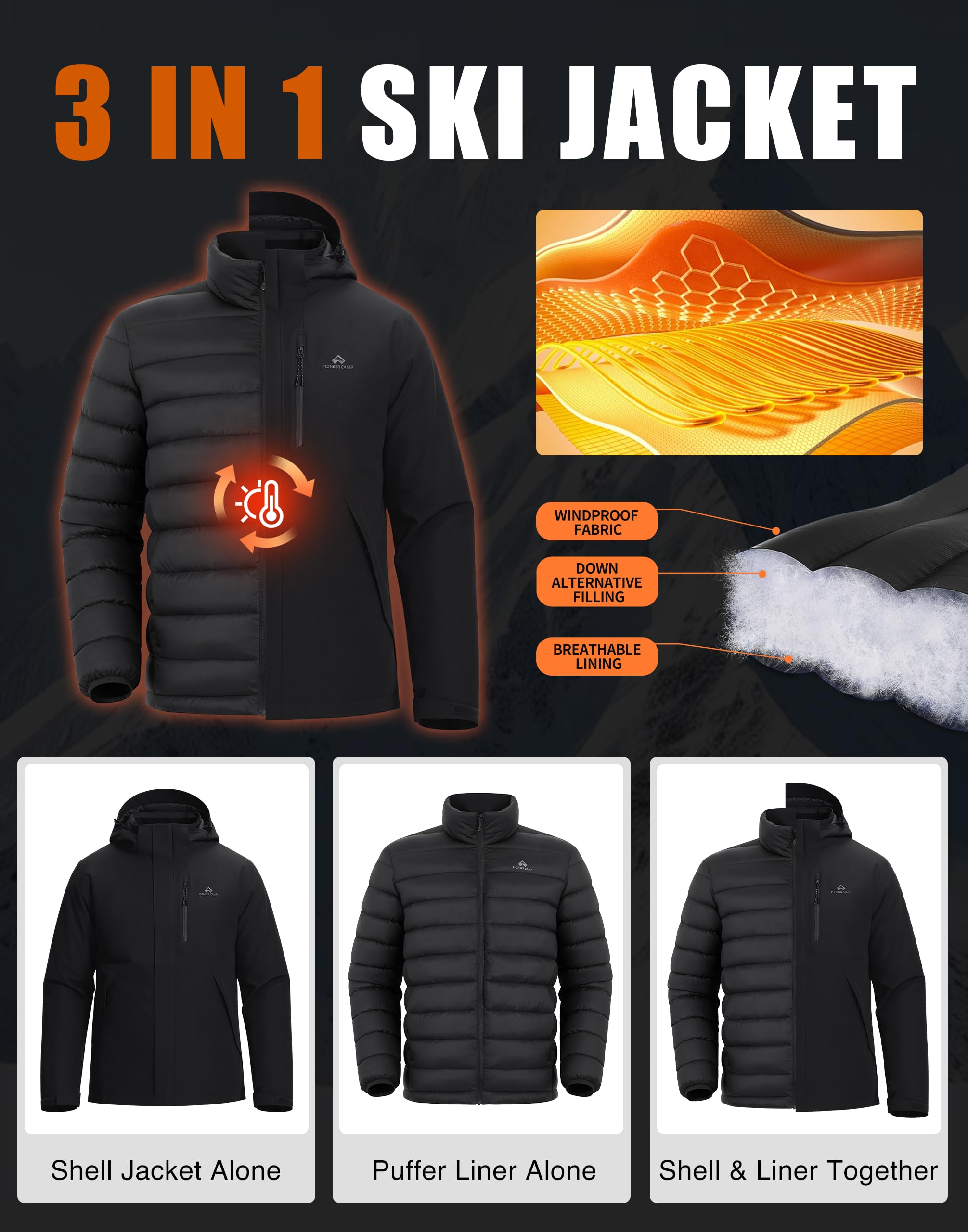 Pioneer Camp 3 in 1 jacke herren–winterjacke skijacke herren fleecejacke,Wasserdichtes, kratzfestes und abriebfestes Material, mit Kapuze, Stehkragen und fleecegefütterter Innenjacke