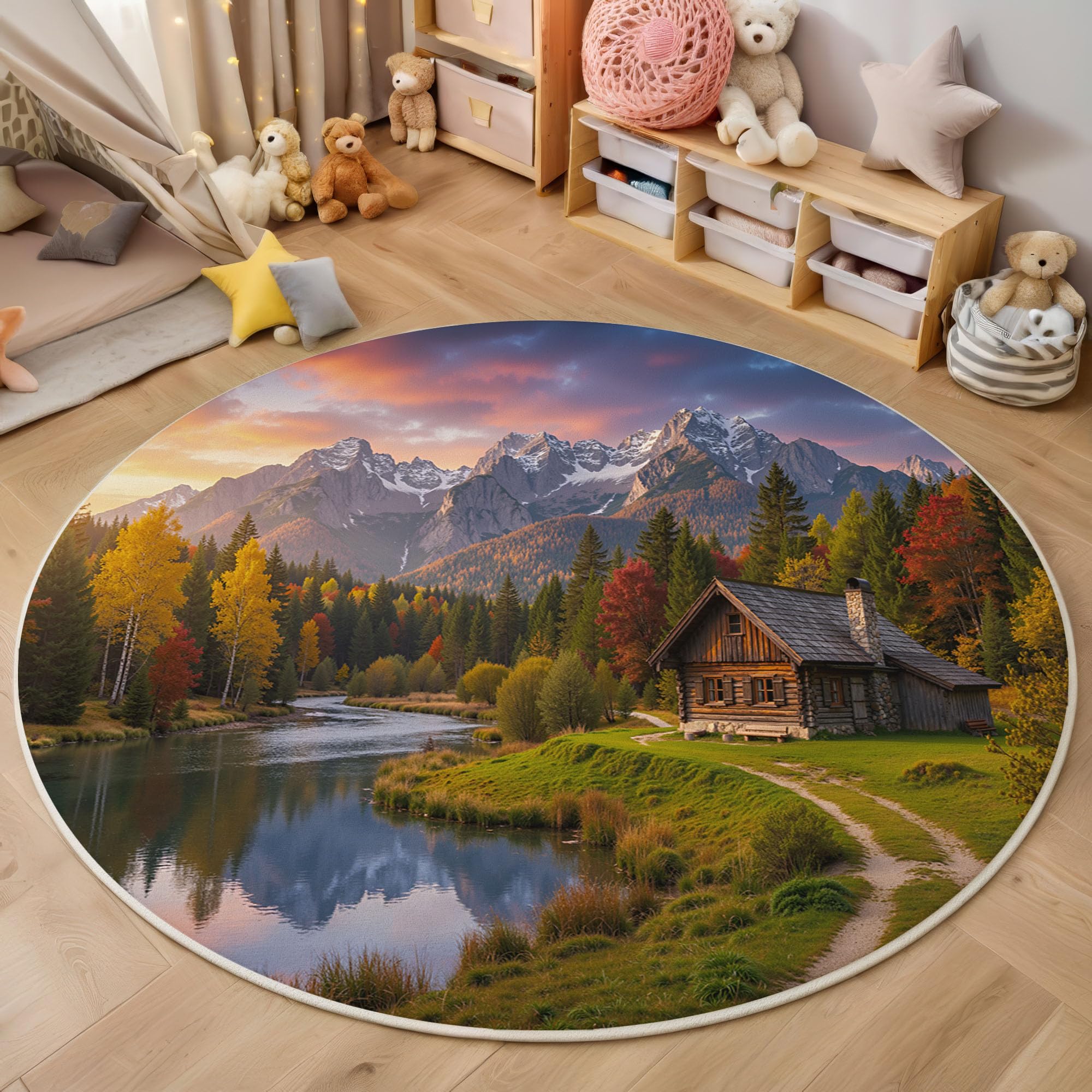 Tapis lavable en machine pour salon rond 120cm anti glisse style nature vert