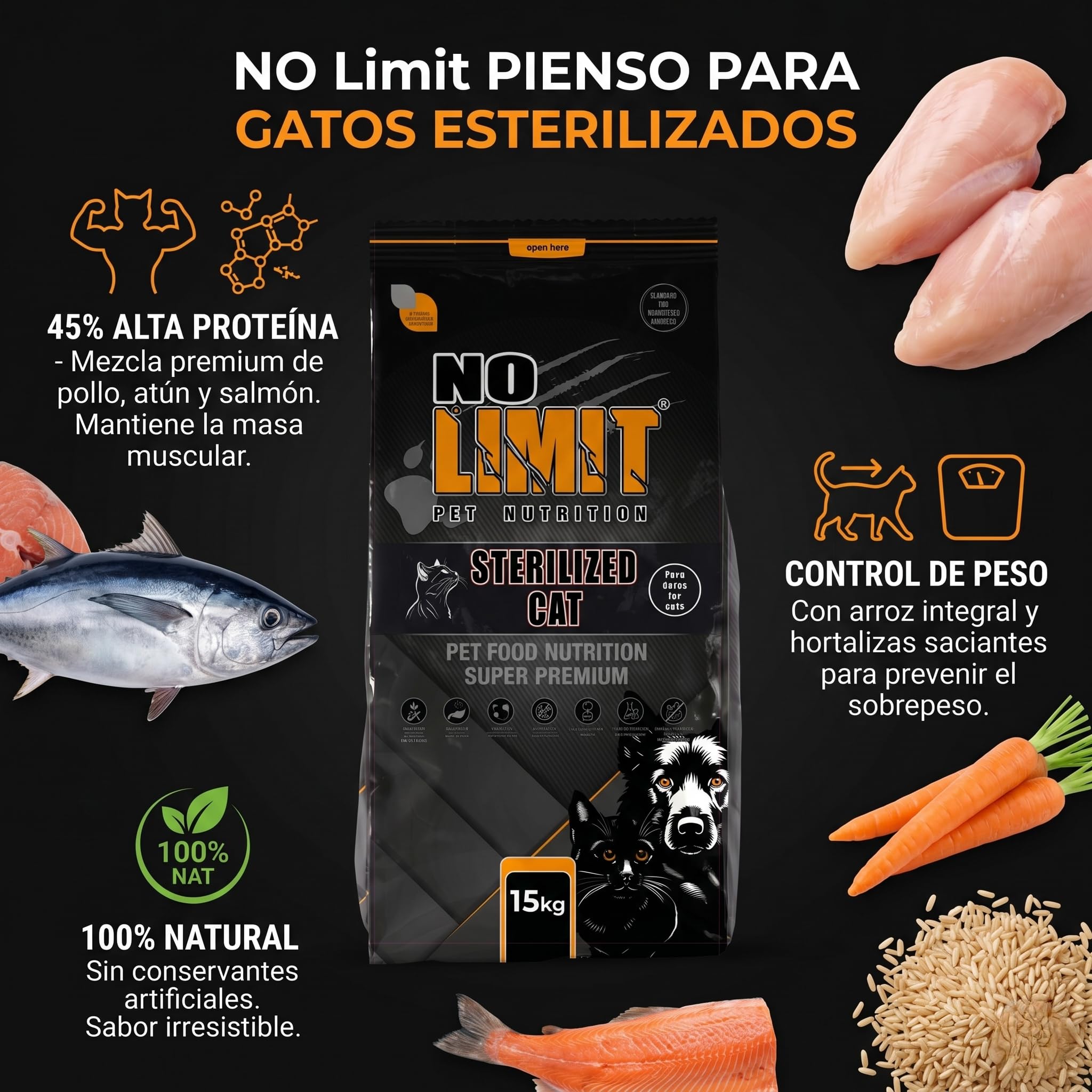 NO Limit Pienso para Gatos Esterilizados – Pollo, Atún y Salmón con Omega 3 – Comida Natural para Gatos Adultos – Cat Food Premium para Control de Peso, Articulaciones y Salud Urinaria - 15kg