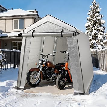 LINKHOO 7 x 12 FT Carport, Portable Shed w/220G Heavy Duty Waterproof PE Tarp, Roll-up Zipper Door & Vent, Weather-Resistant Storage Shed for Motorcycle, Bike and Tools, Gray