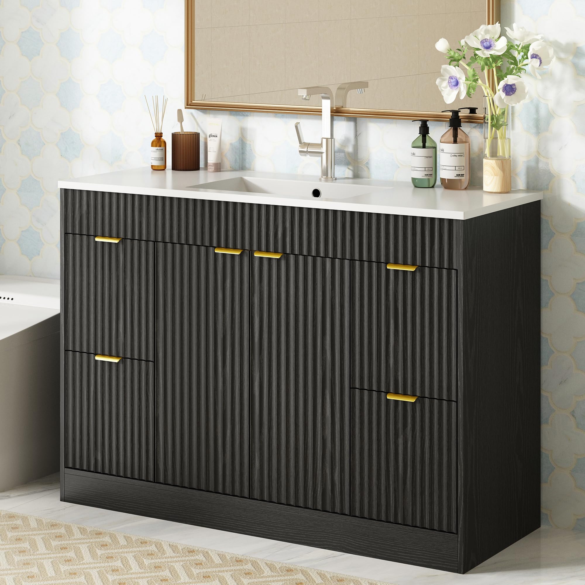 CARPETNAL 48 Inch Bathroom Vanity with Sink, Modern Fluted Bathroom Vanity with Sink with Storage Cabinet, Adjustable Shelf and 2 Soft Closing Doors & 4 Drawers, Black