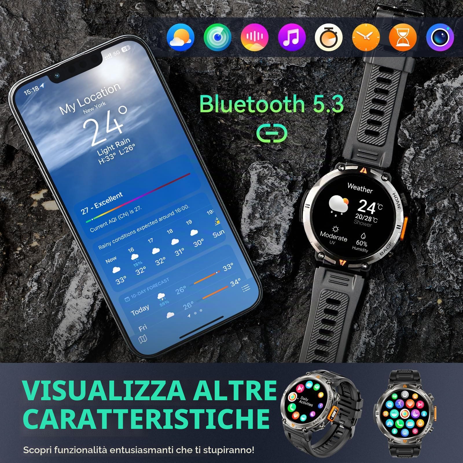 GPS Smartwatch Militare Uomo Impermeabile 3ATM con Torcia LED Bussola, 1,45" HD Rugged Smartwatch Orologio con Chiamate Bluetooth, Fitness Watch con Cardiaca SpO2 Notifiche WhatsApp per Android iOS