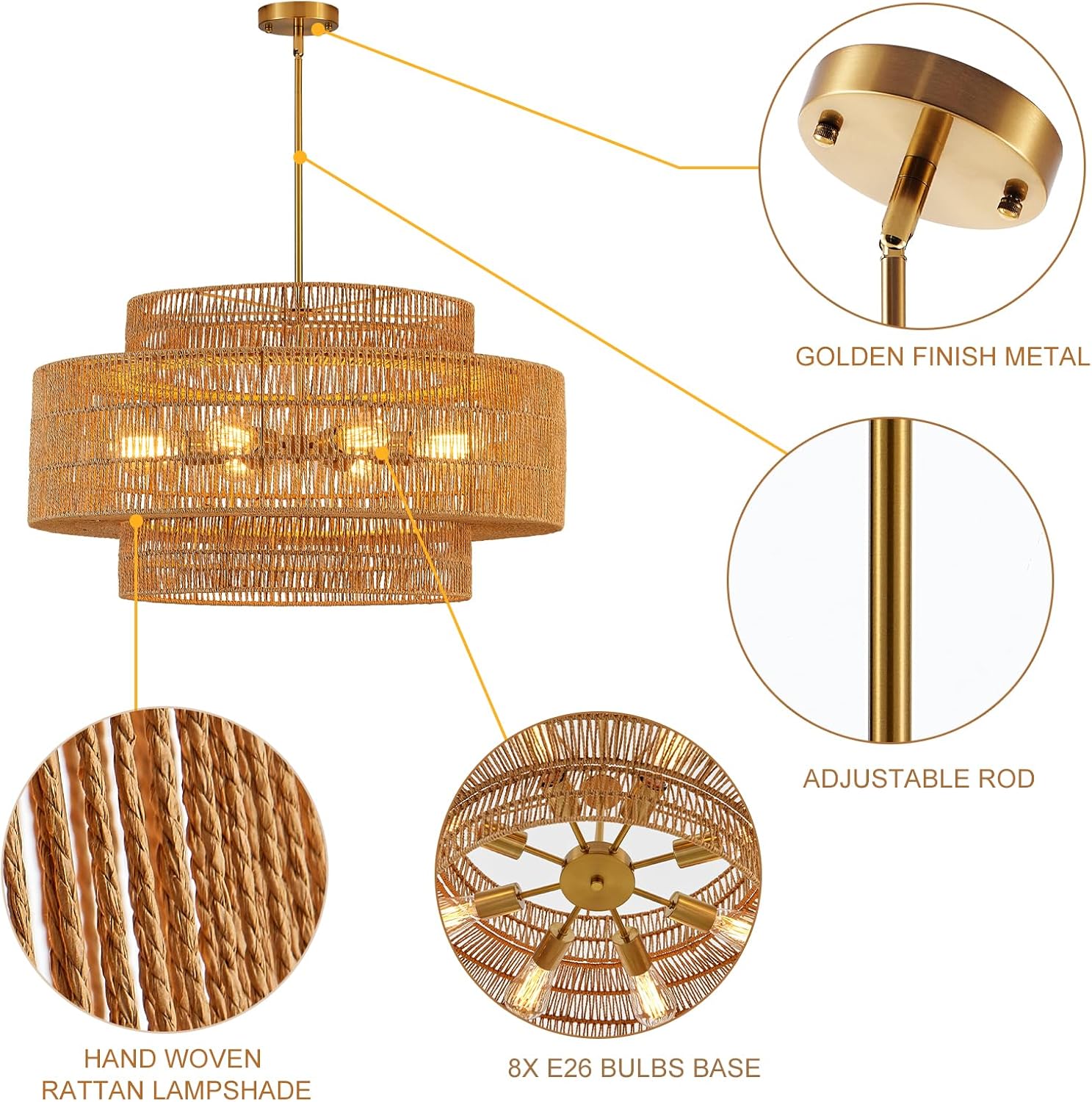 30" Large Boho Rattan Chandelier 8-Lights Farmhouse Hand-Woven Bamboo Chandelier Vintage Rustic Wicker Rattan Golden Chandeliers for Dining Room, Bedroom, Kitchen, Living Room