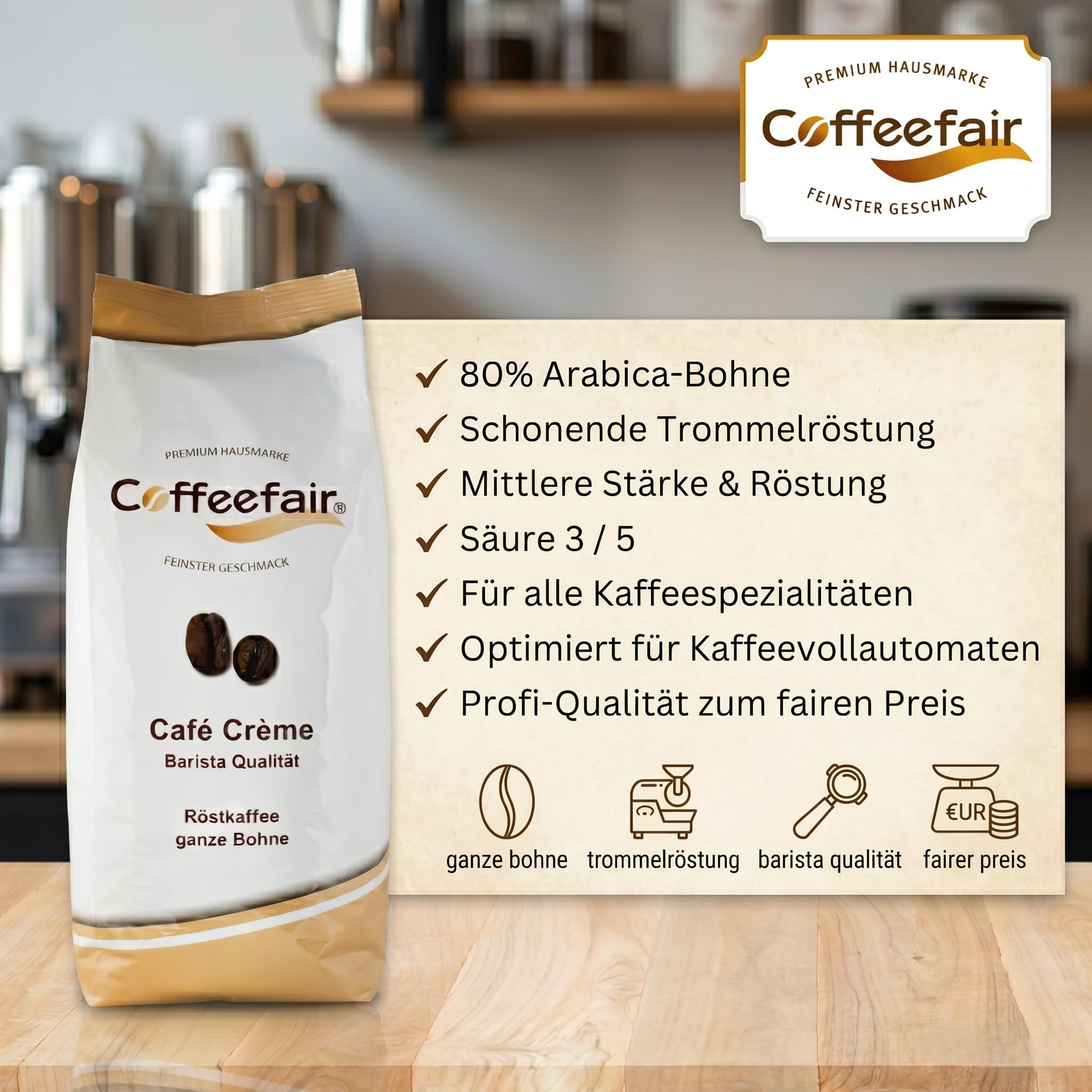 Coffeefair Cafe Creme Kaffeebohnen in Barista Qualität 8 x 1kg Karton für Kaffeevollautomaten, Mischbohne für Kaffee oder Espresso verwendbar, schonende Trommelröstung