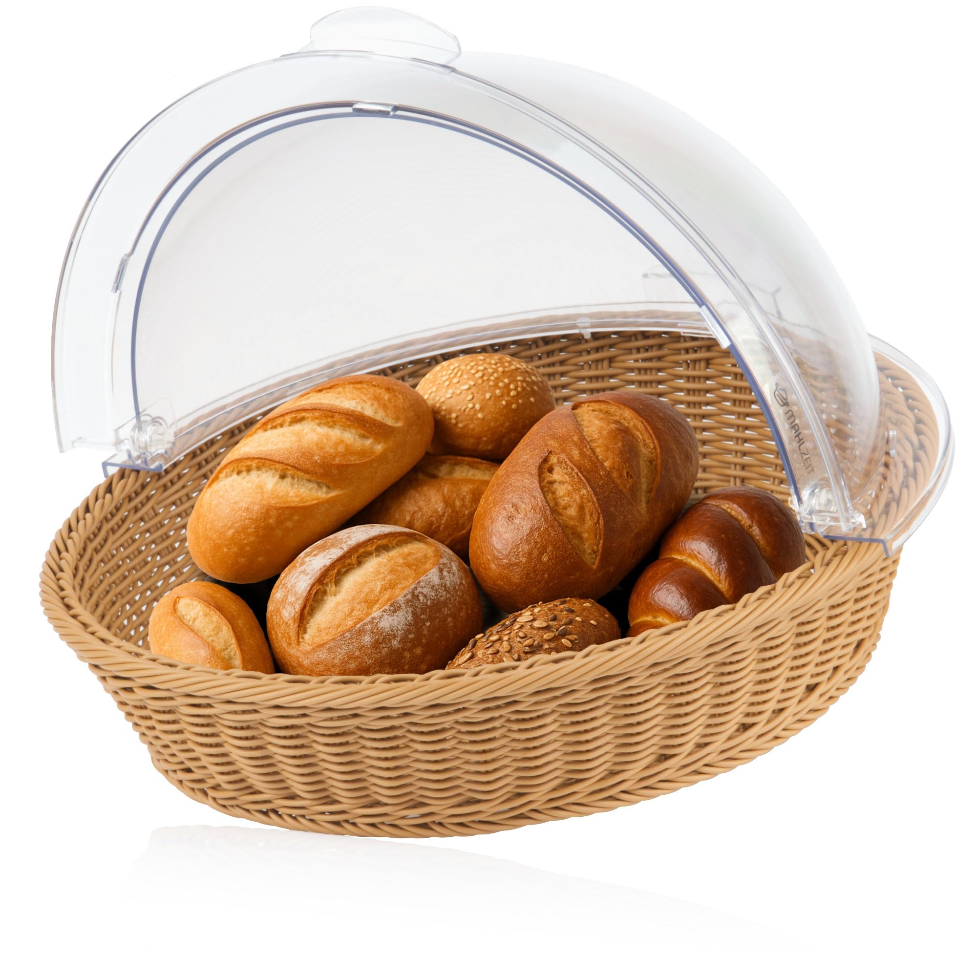 Mahlzeit Corbeille à pain en rotin avec couvercle - 42 x 39 x 29 cm - Ronde - Avec fenêtre de visualisation - Boîte à pain en plastique - Vitrine de buffet - Comptoir de boulangerie - Accessoires de