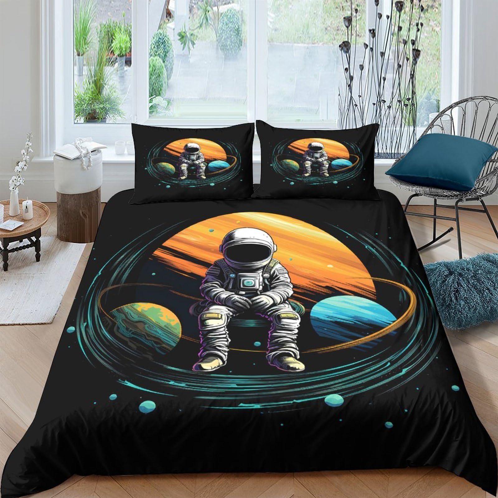 Ctjqhvkz Style-8 3D Printed Saturn Astronaut Fitted Sheet Microfiber Soft Black Cosmic Planets Mattress Cover Bedroom Dorm Decor Single（135X200cm）