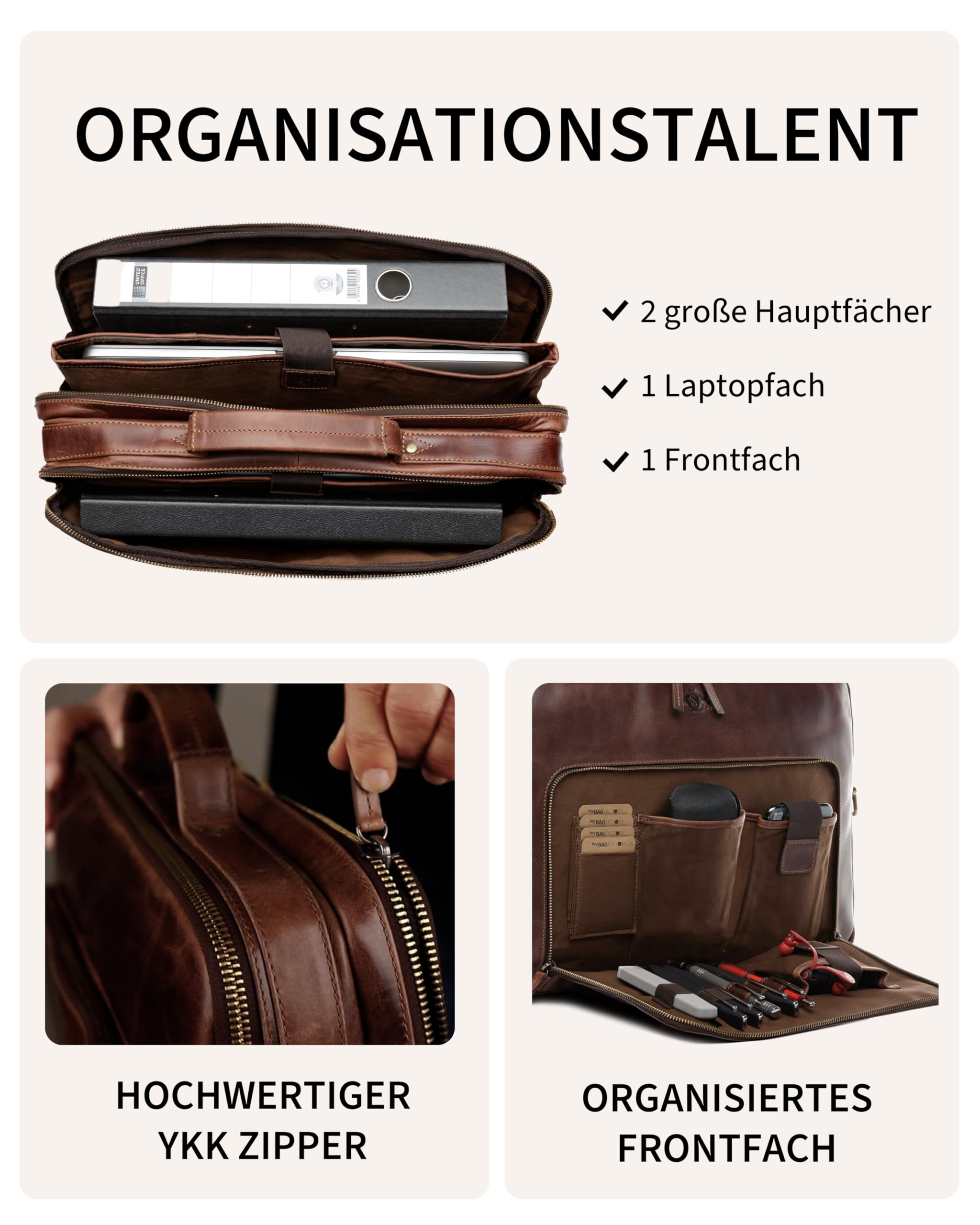 SID & VAIN große Laptoptasche mit Frontfach echt Leder - 15 bis 17 Zoll Laptop Business-Tasche SIMON XL - Umhängetasche Aktentasche extra Laptop-Hülle - Herren Damen braun handgefertigt