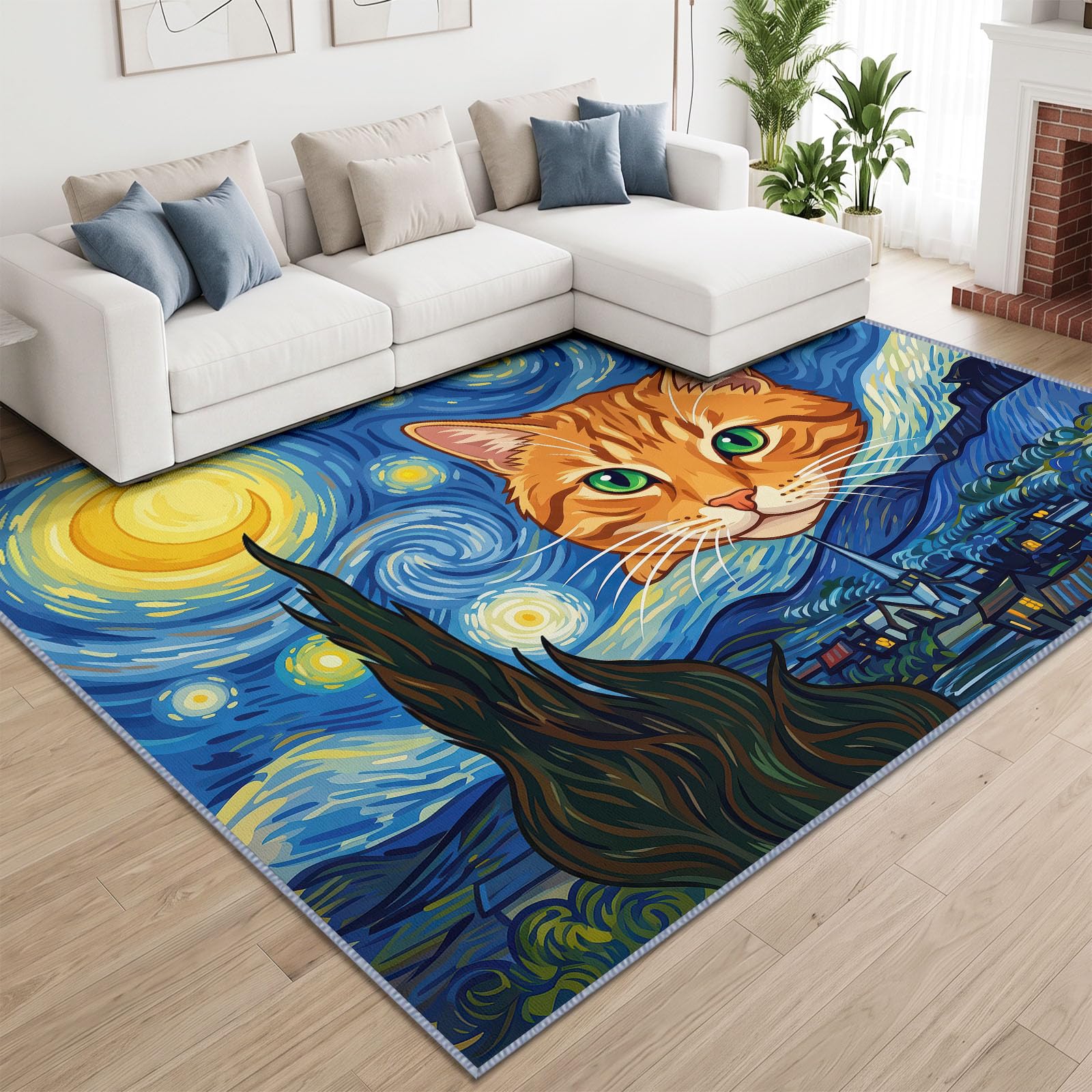 Tapis de Salon Lavable en Machine 160 x 230 cm, Peinture À L'Huile Animaux Chat Ciel Étoilé Tapis Chambre, Antidérapant, Poils Courts, Douce, Adapté à L'aspirateur pour Entree Interieur, Couloir, Bleu