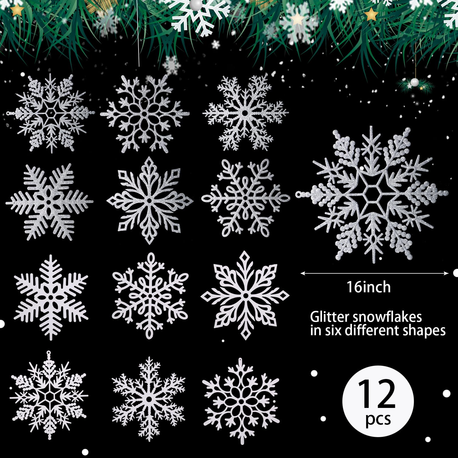 Sratte 12 Stück 40,6 cm große Schneeflocken-Ornamente, riesige glitzernde dekorative hängende Schneeflocken, 6 Designs, Weihnachtsdekoration, hängende Ornamente, Winter-Fensterdekoration mit