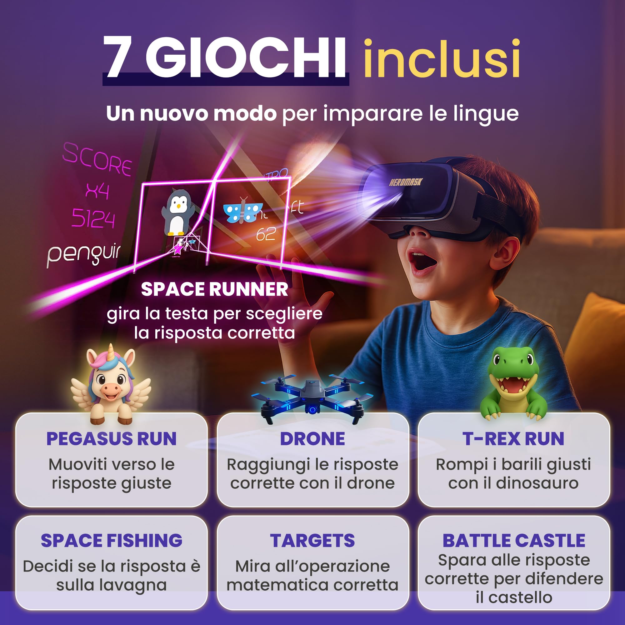 Heromask: Visore Realtà Virtuale Bambini + Giochi Educativi Inglese, Spagnolo... [ Regali Originali ] - Giocattoli Bambino 5 6 7 8 9 10 11 12 Anni - VR Occhiali 3D Realtà Virtuale