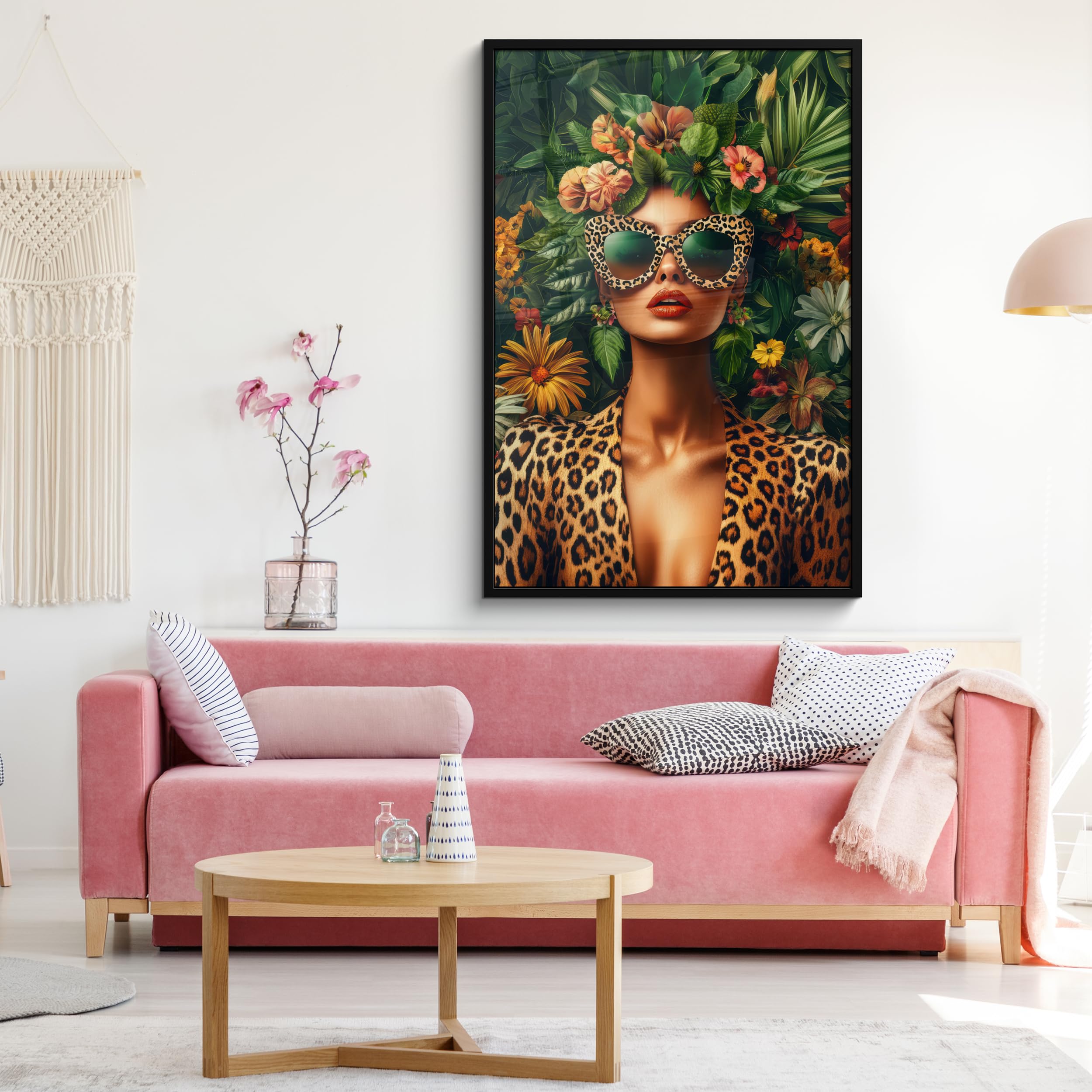 MuchoWow© Wandbilder mit Rahmen 80x120 cm Wanddeko Bilder Wohnzimmer Moderne Zimmerdeko Geschenk Bilderrahmen Frau - Pantherdruck - Dschungel - Natur - Luxus