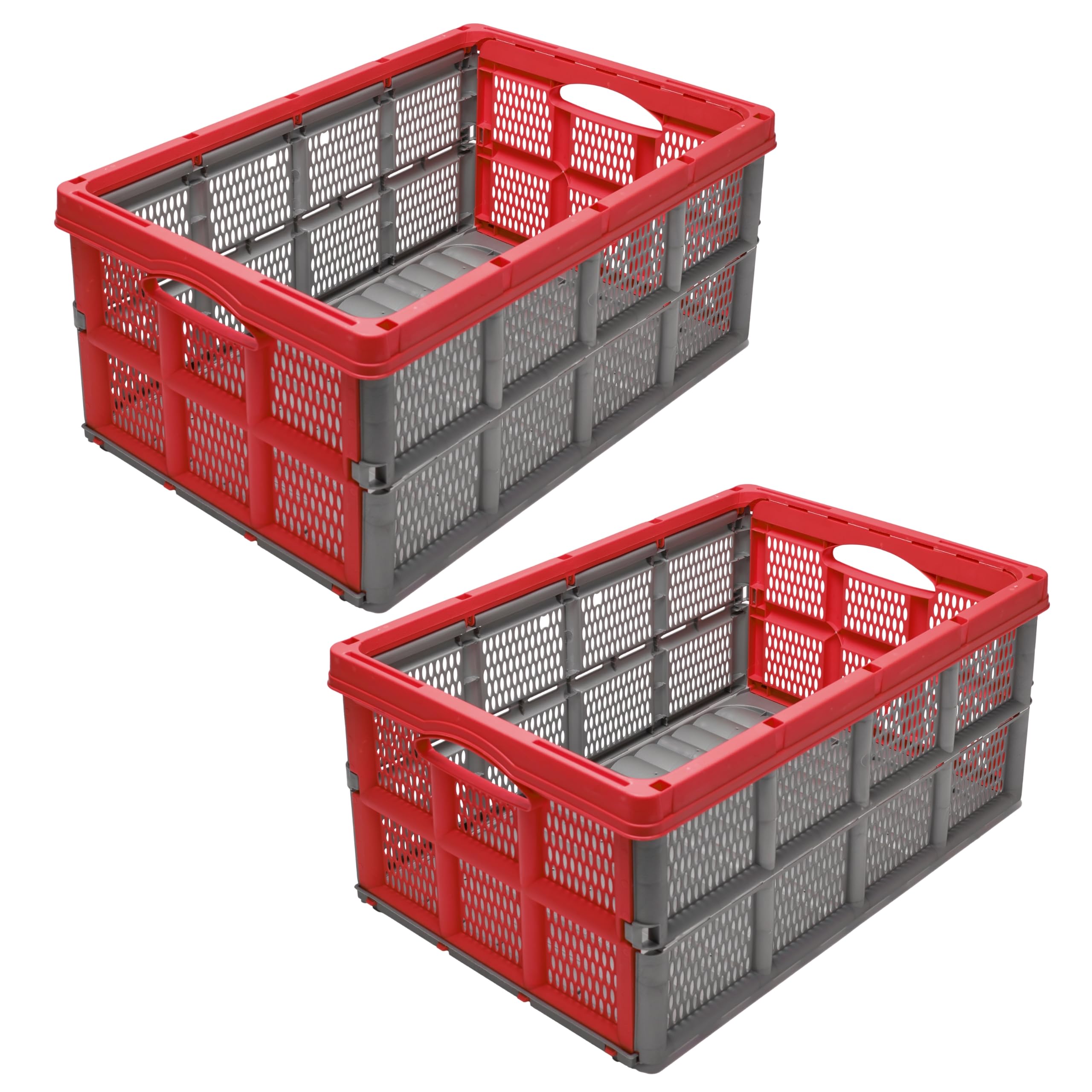 Garronda 2 Pack faltbare Klappbox 51 x 34,5 x 22,5 cm aus Kunststoff HDPE klappbare Aufbewahrungsbox für Transport Lagerung und Ernte im Auto Garten und Haushalt stapelbar GD-0188 (Grau/Rot)